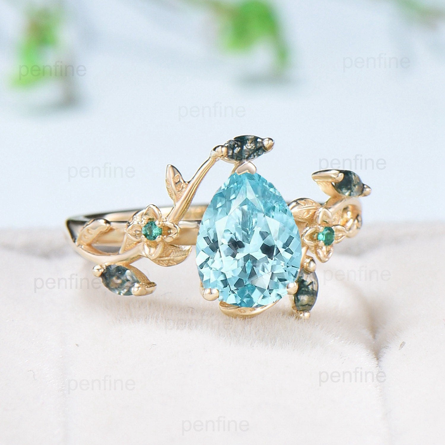 Elegant Pear Lab Paraiba Engagement Ring - Nature Inspired Floral Wedding Band with Green Agate & Emerald Branch Leaf Vine Design - Perfect for Anniversary Gifts, Bridal Jewelry & Romantic Occasions