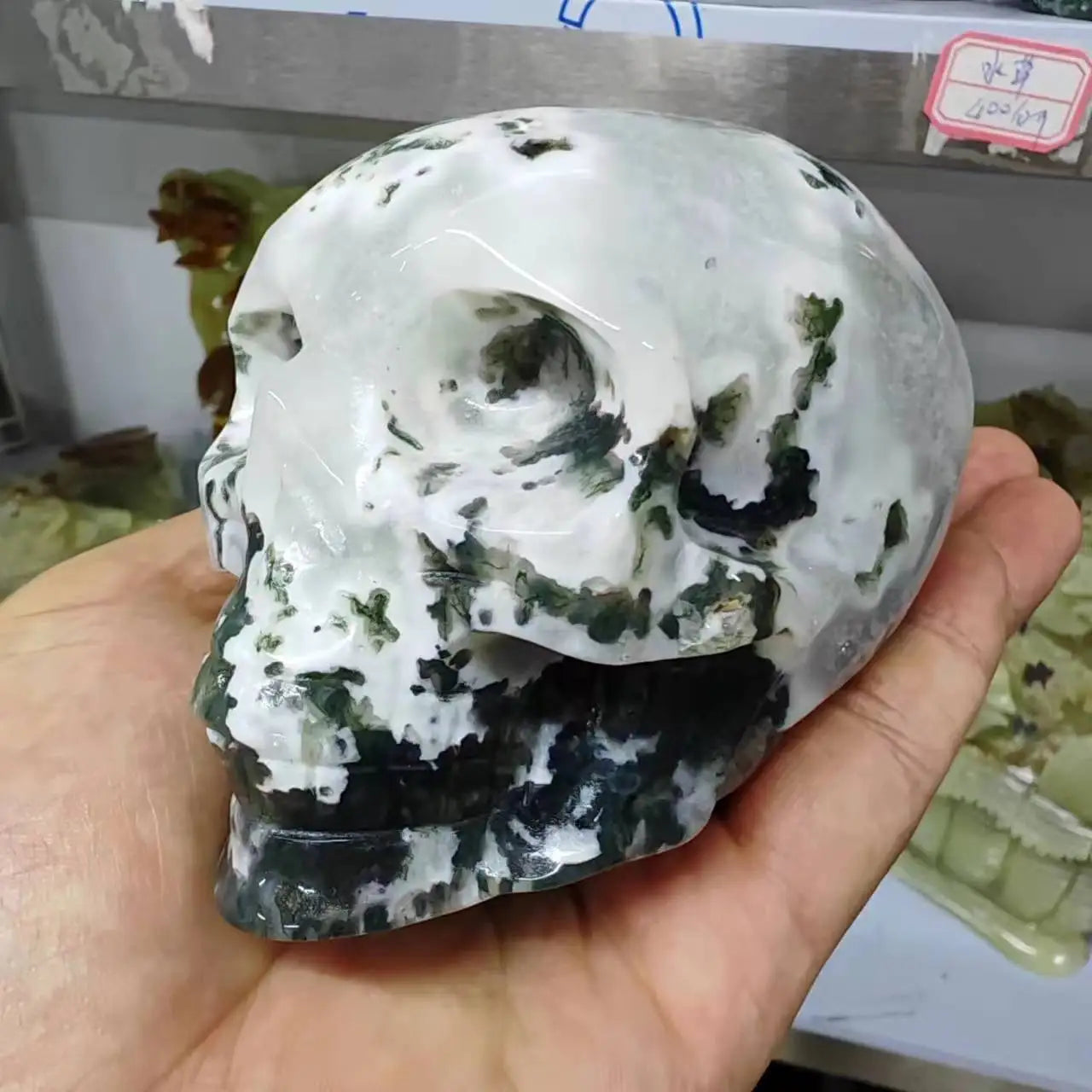 Natural Moss Agate Crystal Skull - Healing Energy Gemstone for Reiki, Meditation & Home Decor | Unique Spiritual Gift for Collectors & Healing Practitioners | Perfect for Yoga Spaces, Altars & Positive Energy Rooms