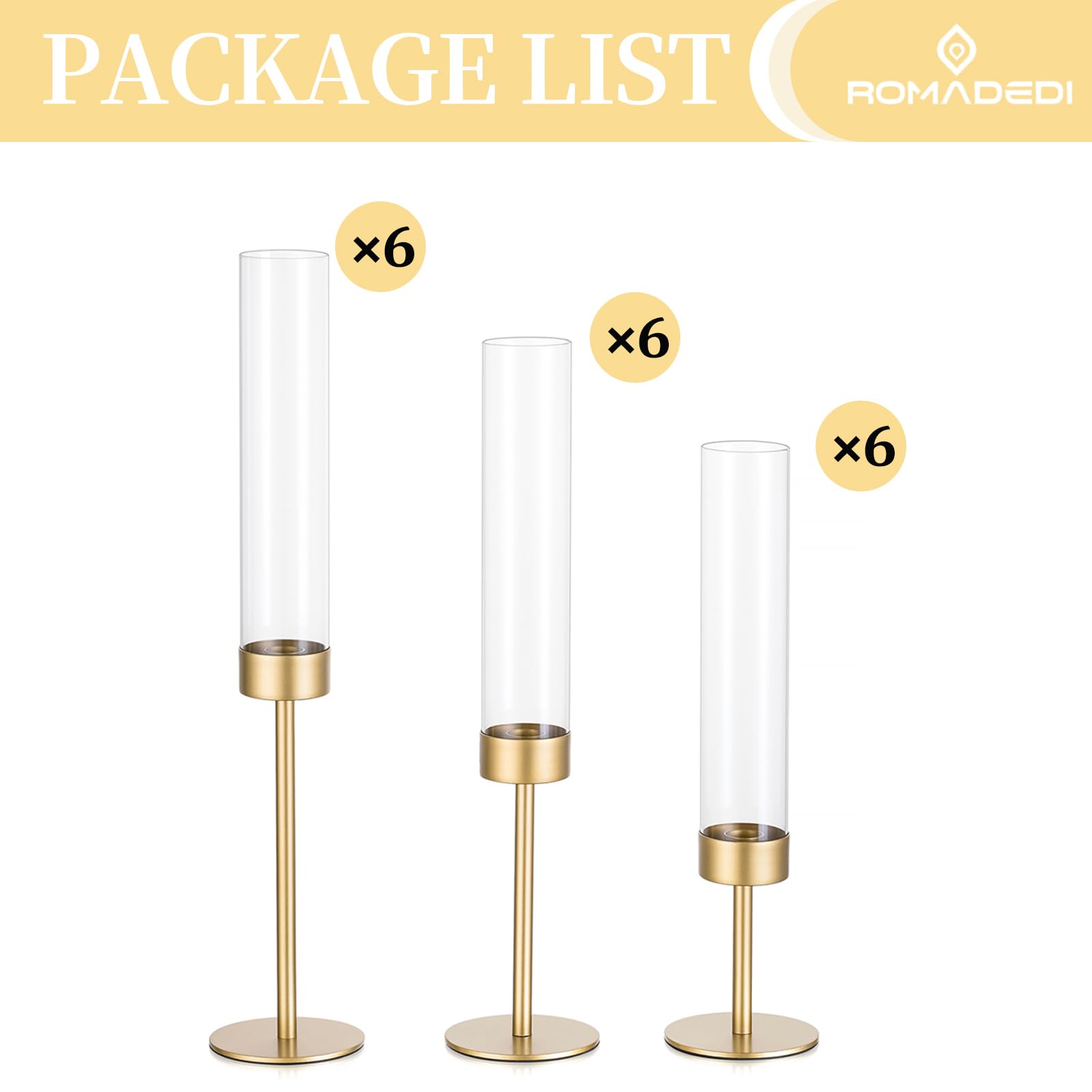 18-Piece Gold Glass Hurricane Candle Holders - Tall Clear Cylinder Taper Candle Holders Bulk Set for Wedding Centerpiece, Party Decor, Christmas & Home Decoration - Perfect for Dining Table, Fireplace Mantel, and Holiday Displays