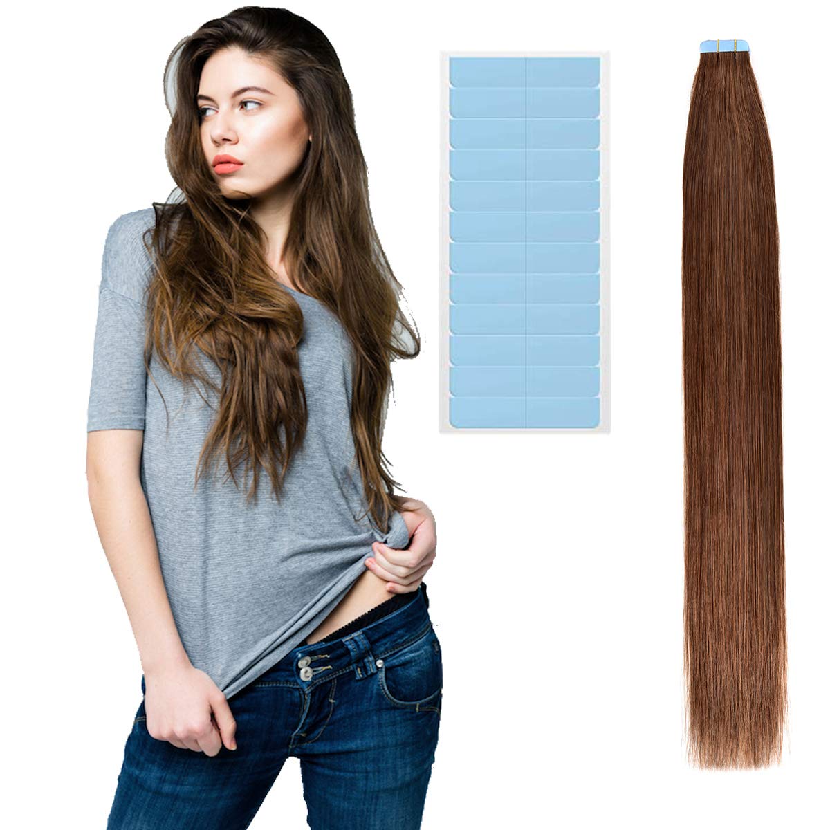 14 Inch Tape in Hair Extensions Human Hair - Straight Thick Natural Skin Weft with 12 Replacement Tapes (20pcs 50g, Chocolate Brown #4) for Daily Styling & Special Occasions