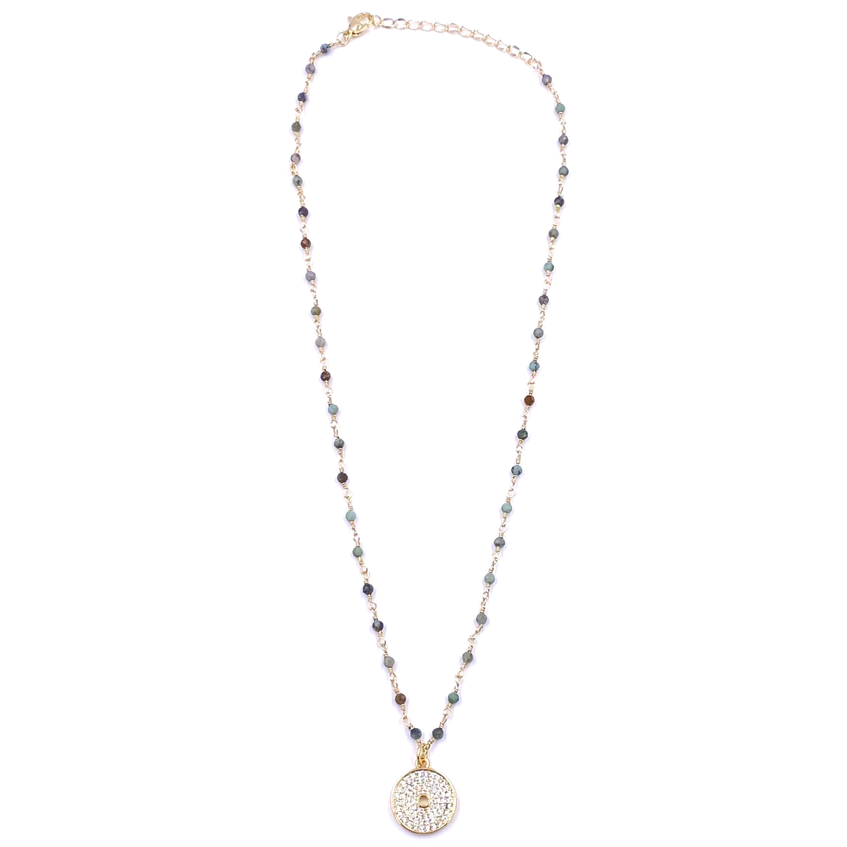 Ashley Gold Stainless Steel Green Beaded Chain Necklace with Gold Plated Circle Pendant - Elegant Jewelry for Women, Perfect for Parties, Weddings & Date Nights