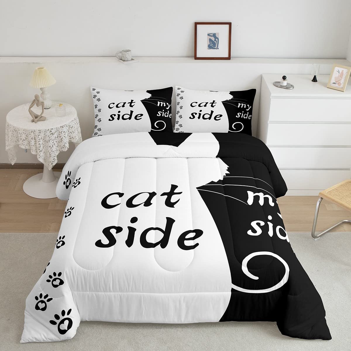 Erosebridal Twin Bedding Set - Black & White Cute Cat Print Duvet Cover & Comforter Set, Modern Simple Romantic Theme for Bedroom Decor | Perfect for Cat Lovers, Kids Rooms & Cozy Bedroom Makeovers