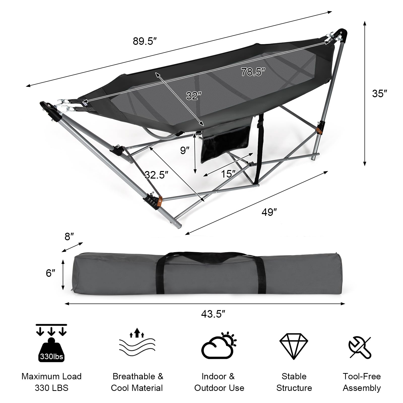 Giantex Portable Folding Hammock with Stand - Lightweight Camping Bed for Indoor & Outdoor Use, Patio Yard Beach Lounge with Side Pocket & Anti-Tip Buckles, Durable Iron Frame (Grey) - Perfect for Camping, Backyard Relaxation, Beach Vacations and Outdoor Adventures