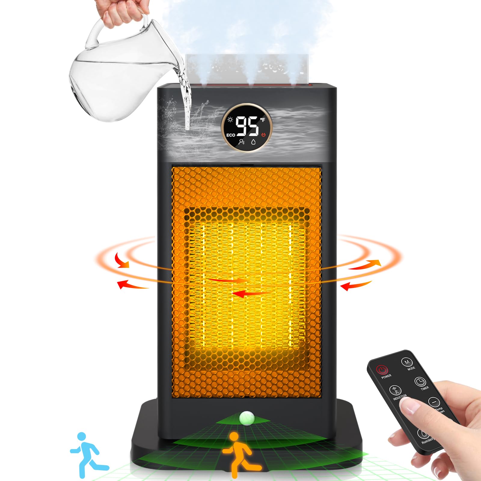 3-in-1 Space Heater with Humidifier & Motion Sensor - 1500W Portable Electric Heater with Thermostat, 3D Flame Effect for Office, Bedroom, Home, Garage - Perfect for Winter Heating & Air Moisturizing
