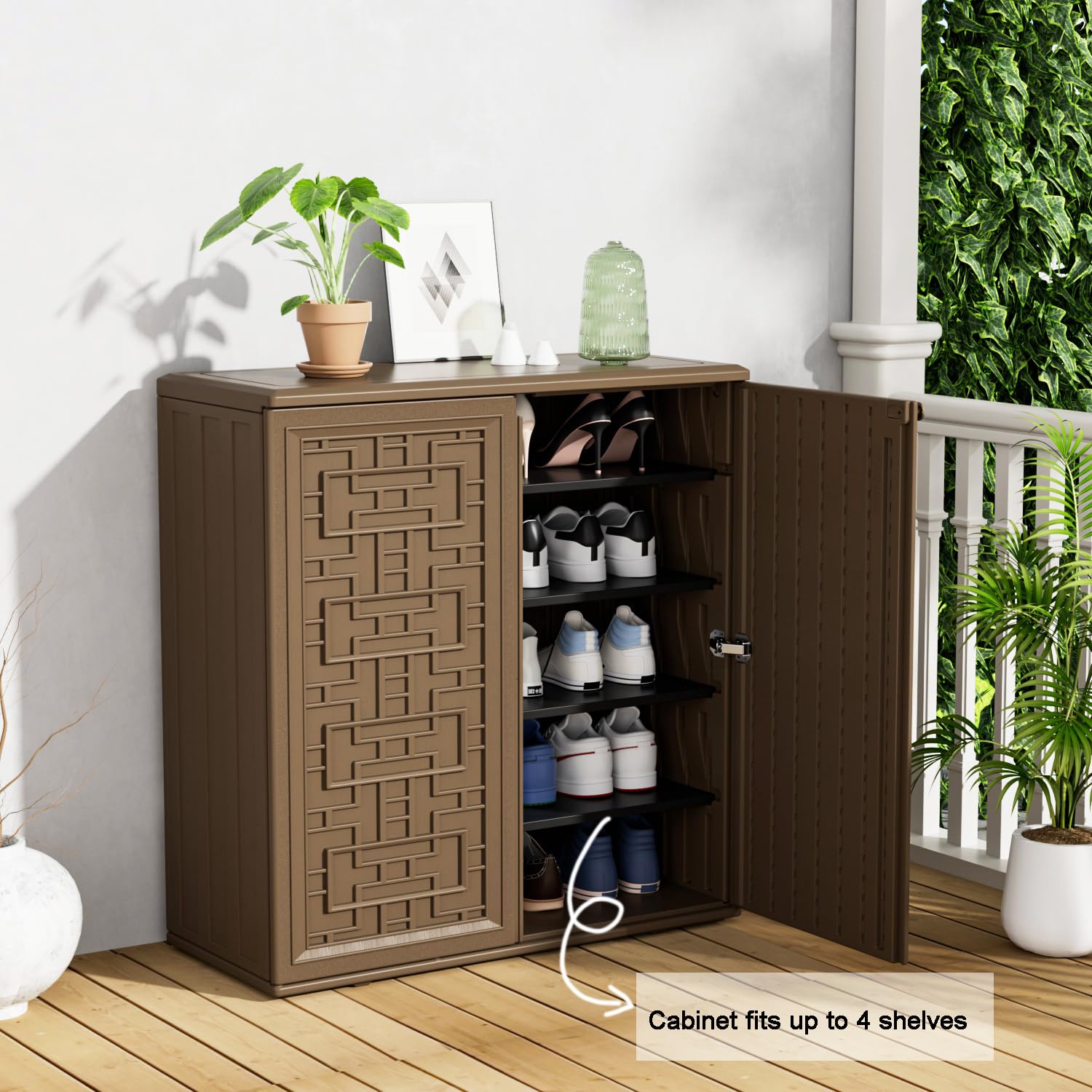 **KINYING 60 Gallon Outdoor Storage Cabinet - Waterproof Resin Deck Box for Patio Furniture Cushions, Garden Tools, Pool Accessories & Kids Toys - Dark Brown with Shelf - Perfect for Backyard, Deck & Poolside Organization**