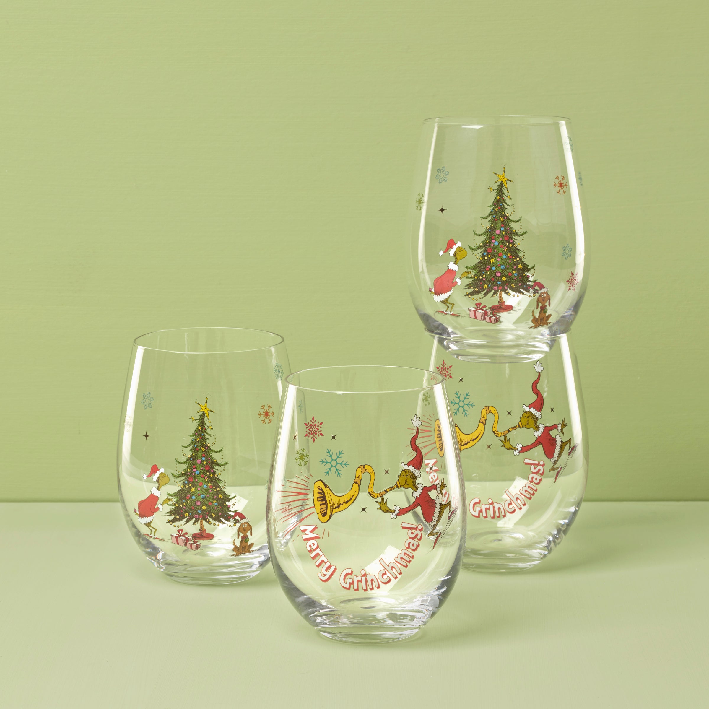 Merry Grinchmas Glass Tumblers Set of 4 - Christmas Party Cups for Hot & Cold Drinks - Perfect for Holiday Gatherings, Office Celebrations & Festive Home Decor