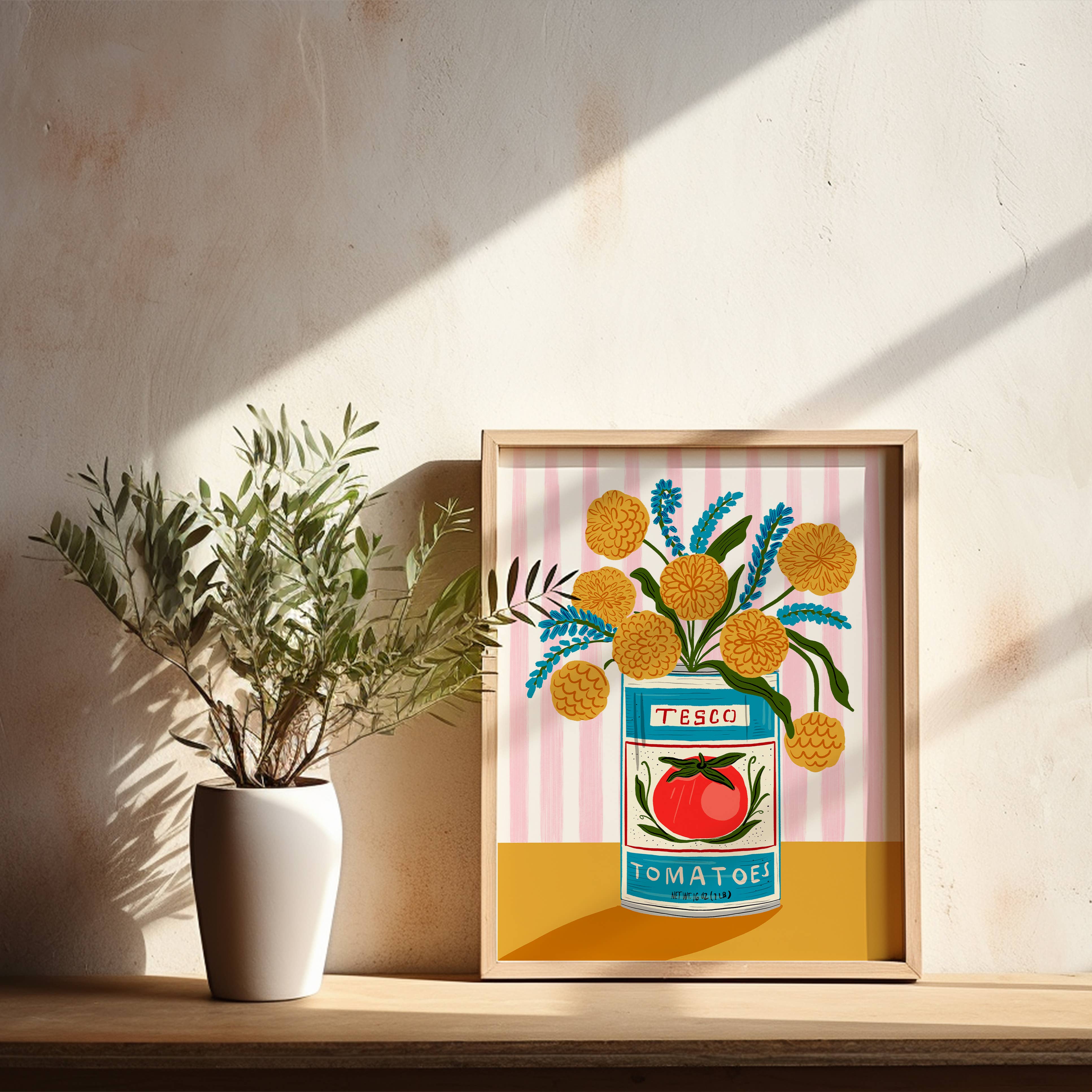 Floral Tomato Can with Stripes Art Print | 8 x 10 Inch Wall Decor | Perfect for Kitchen, Dining Room, or Farmhouse Style Home Decor
