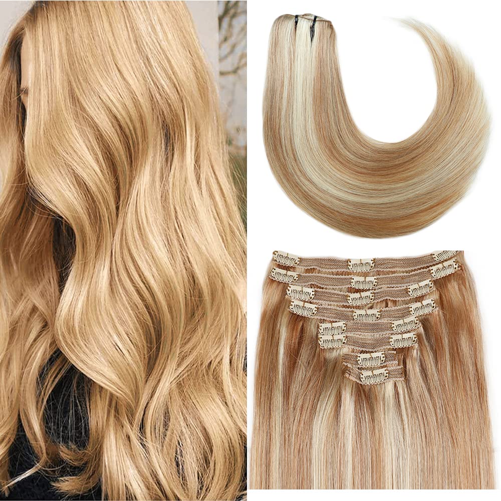 Premium 8pcs Brazilian Remy Human Hair Clip-in Extensions - 16 Inch Straight Golden Brown to Blonde (#12/613) 120g - Natural Look for Daily Wear, Parties & Special Occasions