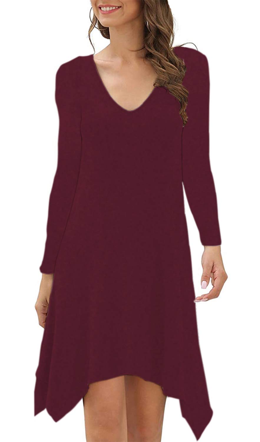 Women's Long Sleeve V-Neck Casual Loose Flowy Tunic Dress - Comfortable & Stylish for Work, Travel & Everyday Wear