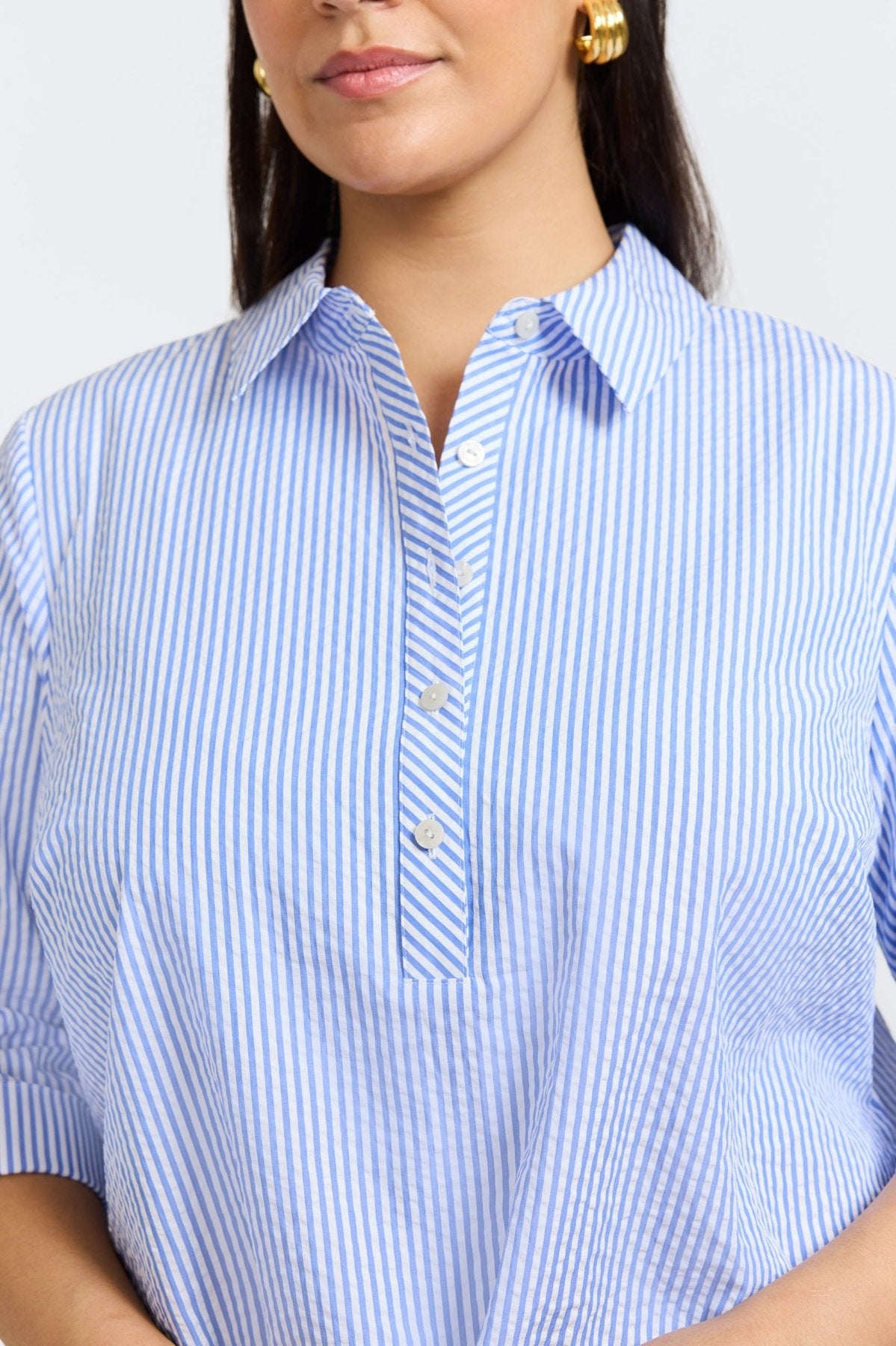 Therese Plus Seersucker Thin Stripe 3/4 Sleeve Popover Shirt for Women - Casual Summer Top for Beach, Office & Outdoor Activities