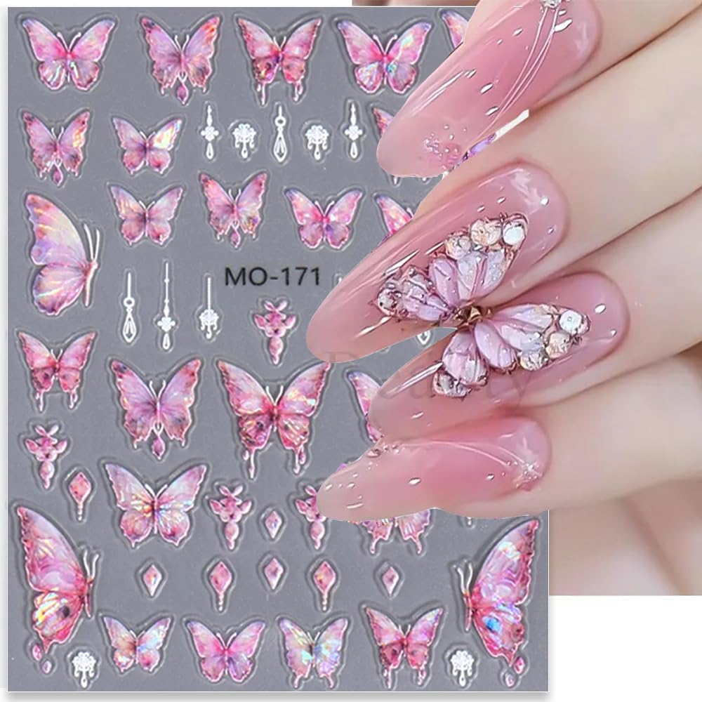 5D Aurora Butterfly Nail Stickers for Women - Cartoon Embossed Nail Art Decals with Rose Flowers | Perfect for DIY Nail Designs, Manicures, and Professional Nail Art Supplies | Great for Parties, Weddings, and Special Occasions
