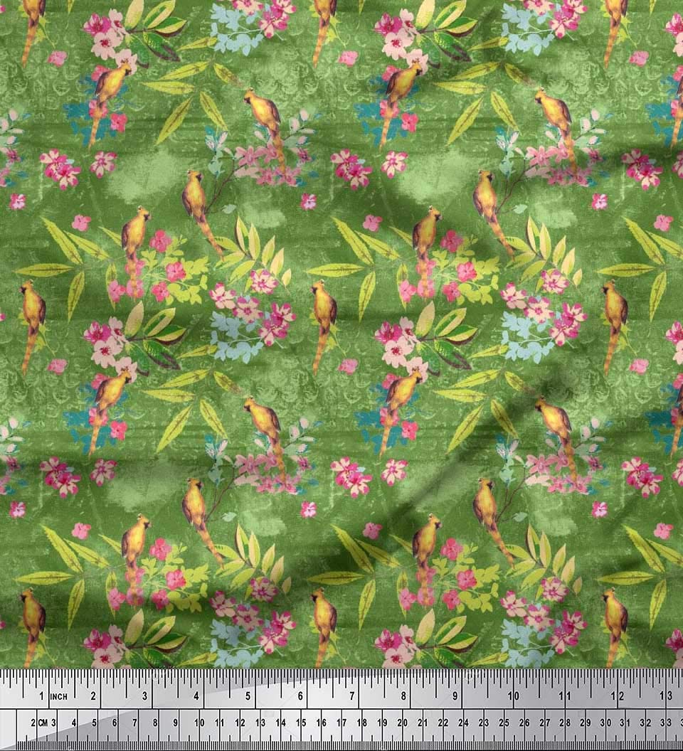 Soimoi Green Floral Bird Fabric - 52