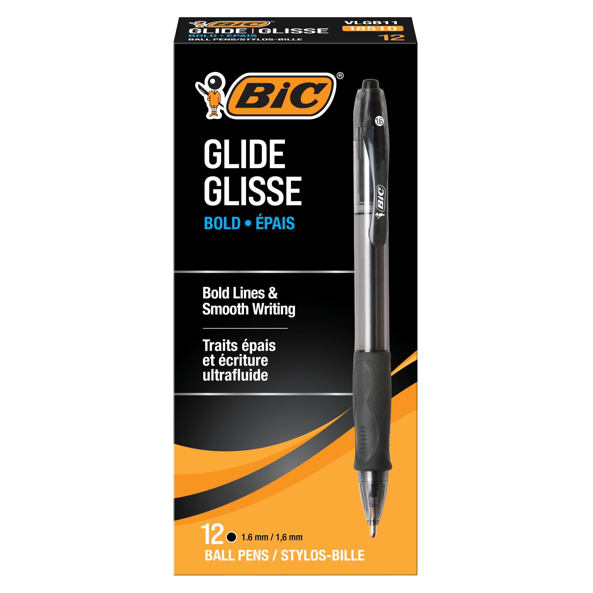 BIC Glide Bold Black Ballpoint Pens 1.6mm - 12 Pack Retractable Pens with Comfort Grip for Smooth Writing - Ideal for Office, School & Note Taking