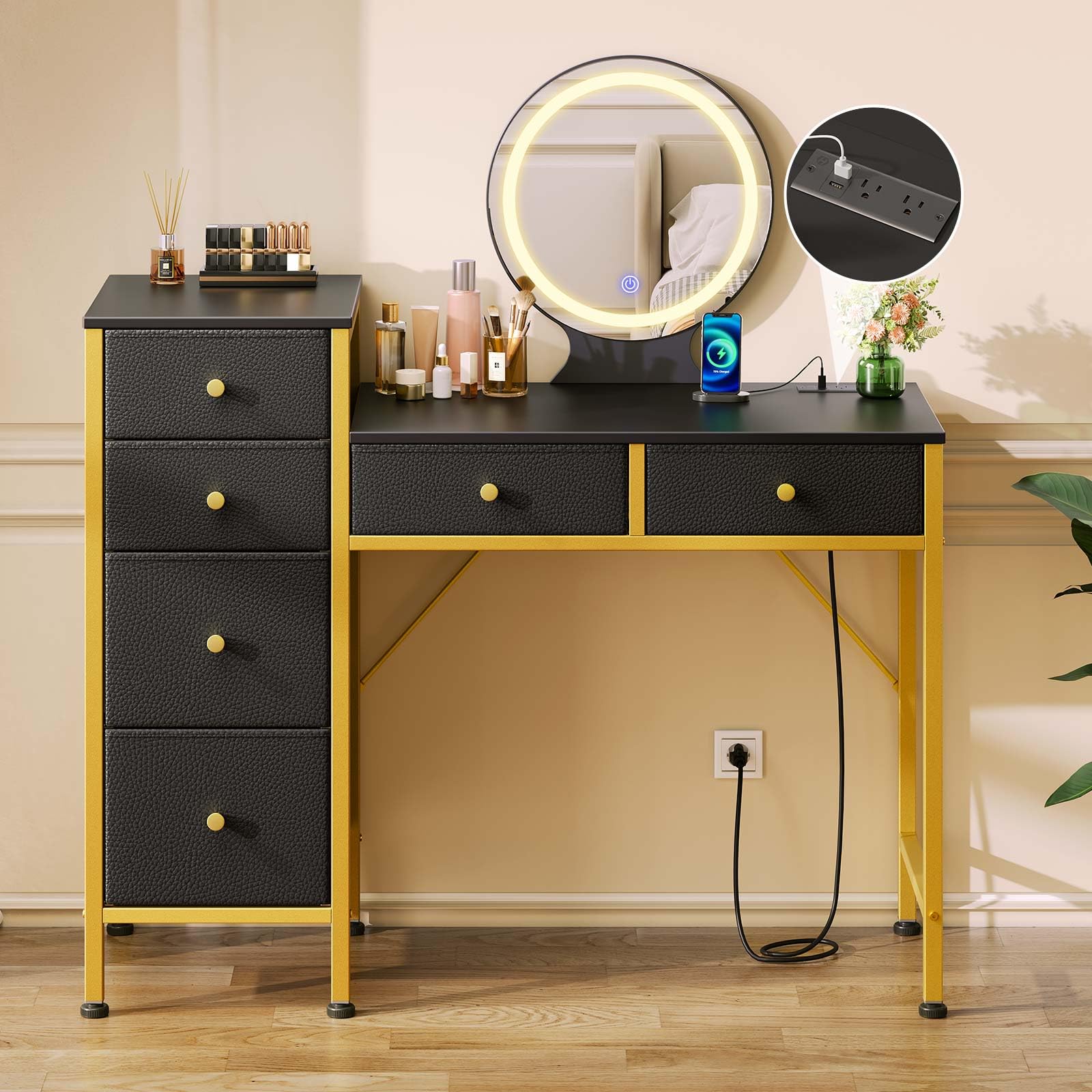 GREENSTELL Modern Vanity Desk with LED Lights & Mirror, Makeup Dressing Table with USB Charging Station, 6 Storage Drawers, 3 Color Modes & Dimmable - 37.6 Inch Black Bedroom Furniture for Women Girls (Perfect for Makeup, Skincare & Jewelry Organization)