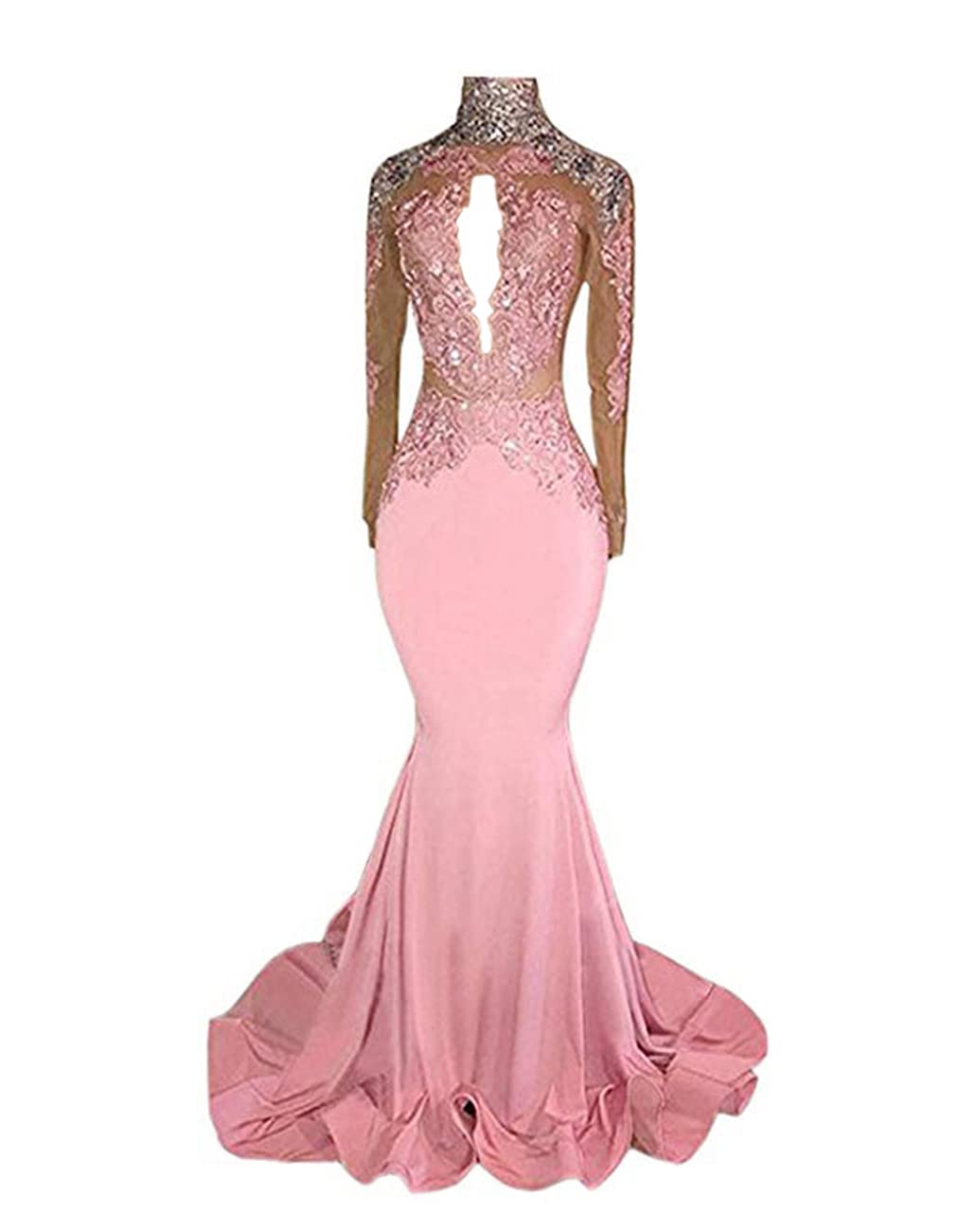 Flovery Women's Pink High Neck Mermaid Prom Dress with Exposed Waist - Sexy Long Sleeve Applique Evening Gown for Formal Events, Homecoming, Pageants & Special Occasions