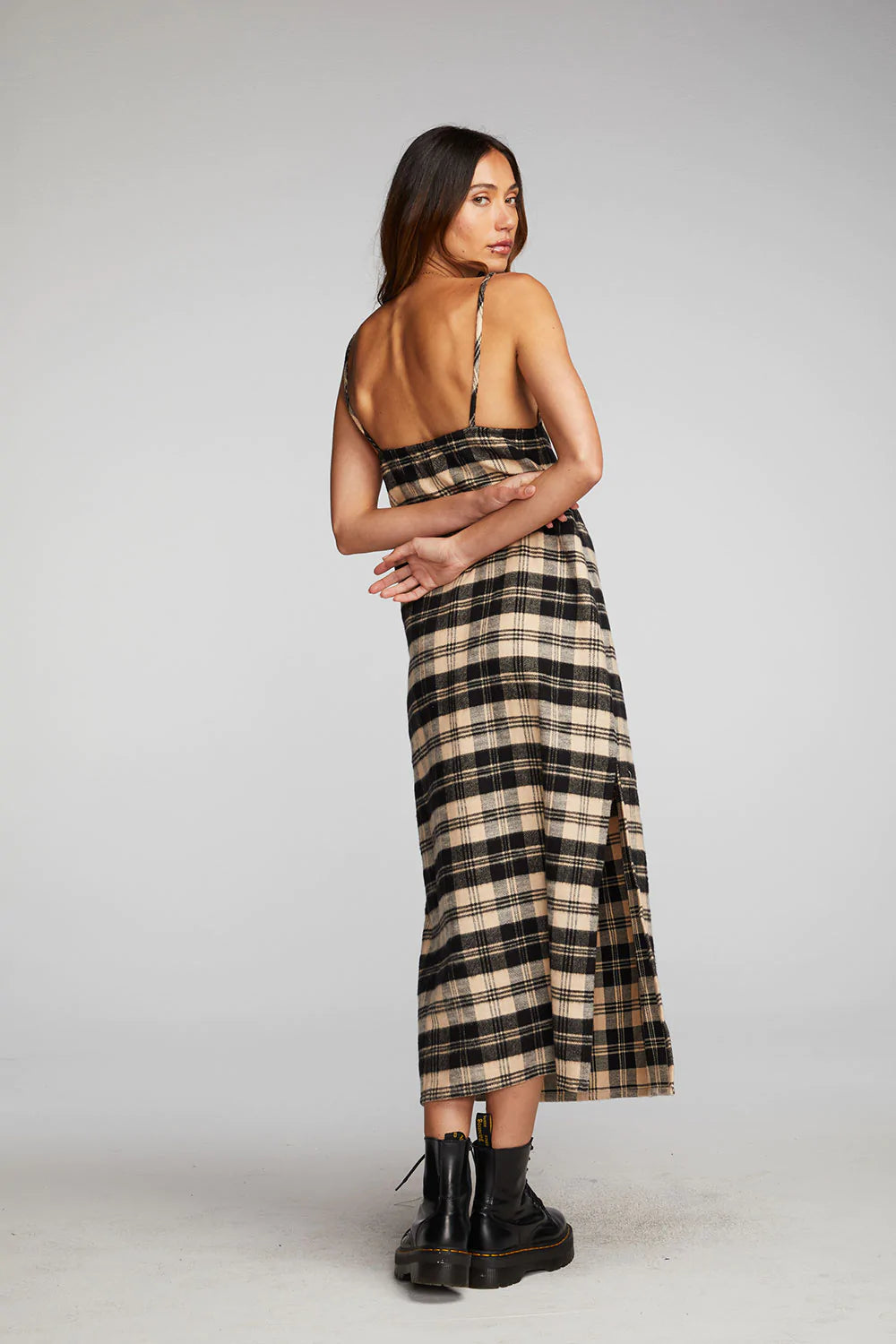Flannel Midi Slip Dress for Women - Soft & Comfortable Black/Beige Fall Dress - Perfect for Casual Outings, Date Nights & Cozy Loungewear