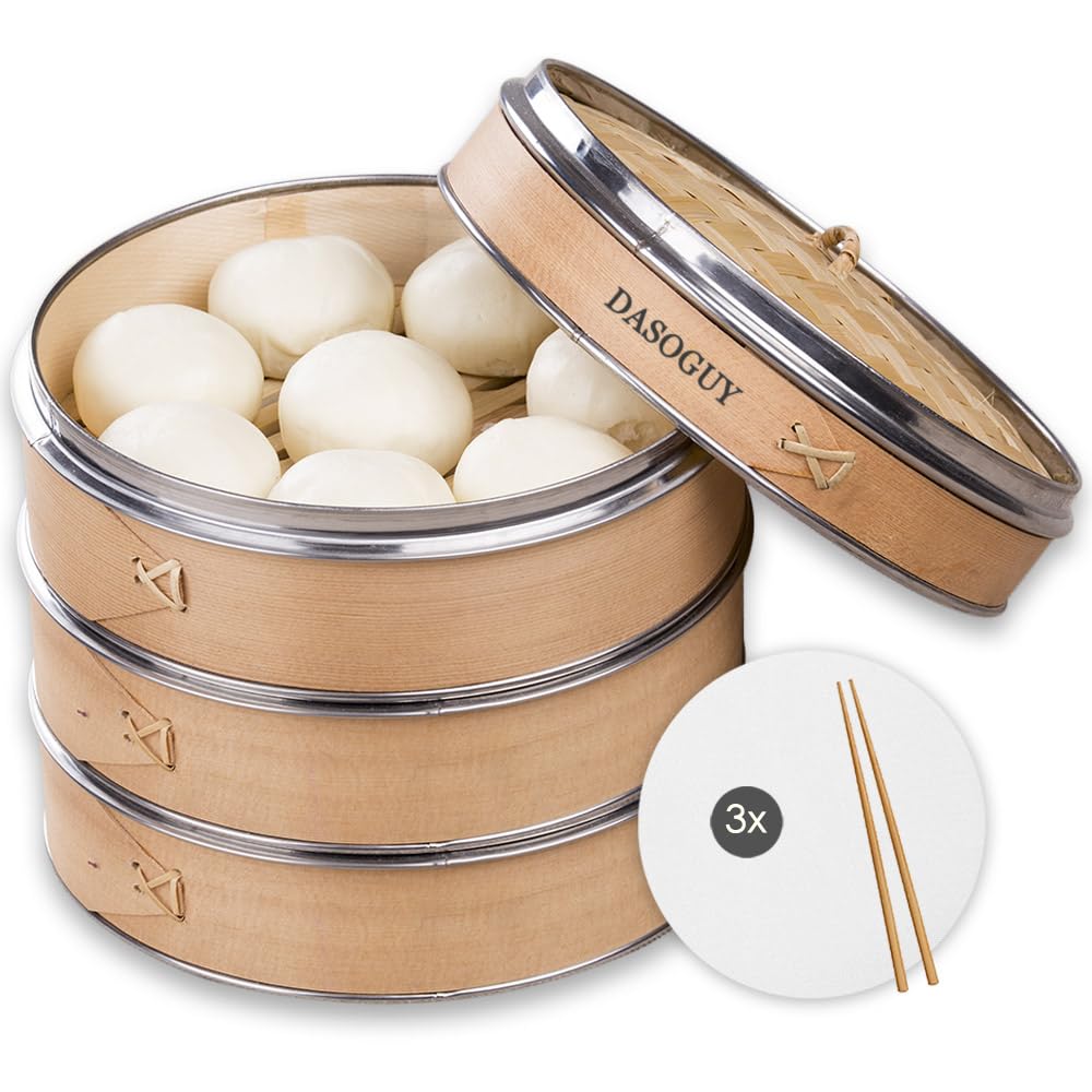 11.8 Inch Handmade Bamboo Steamer with Stainless Steel Rings - 3 Tier Stackable Dumpling Steamer Basket for Dim Sum, Buns & Rice | Includes Chopsticks & Cotton Liners | Perfect for Asian Cooking, Meal Prep & Party Serving