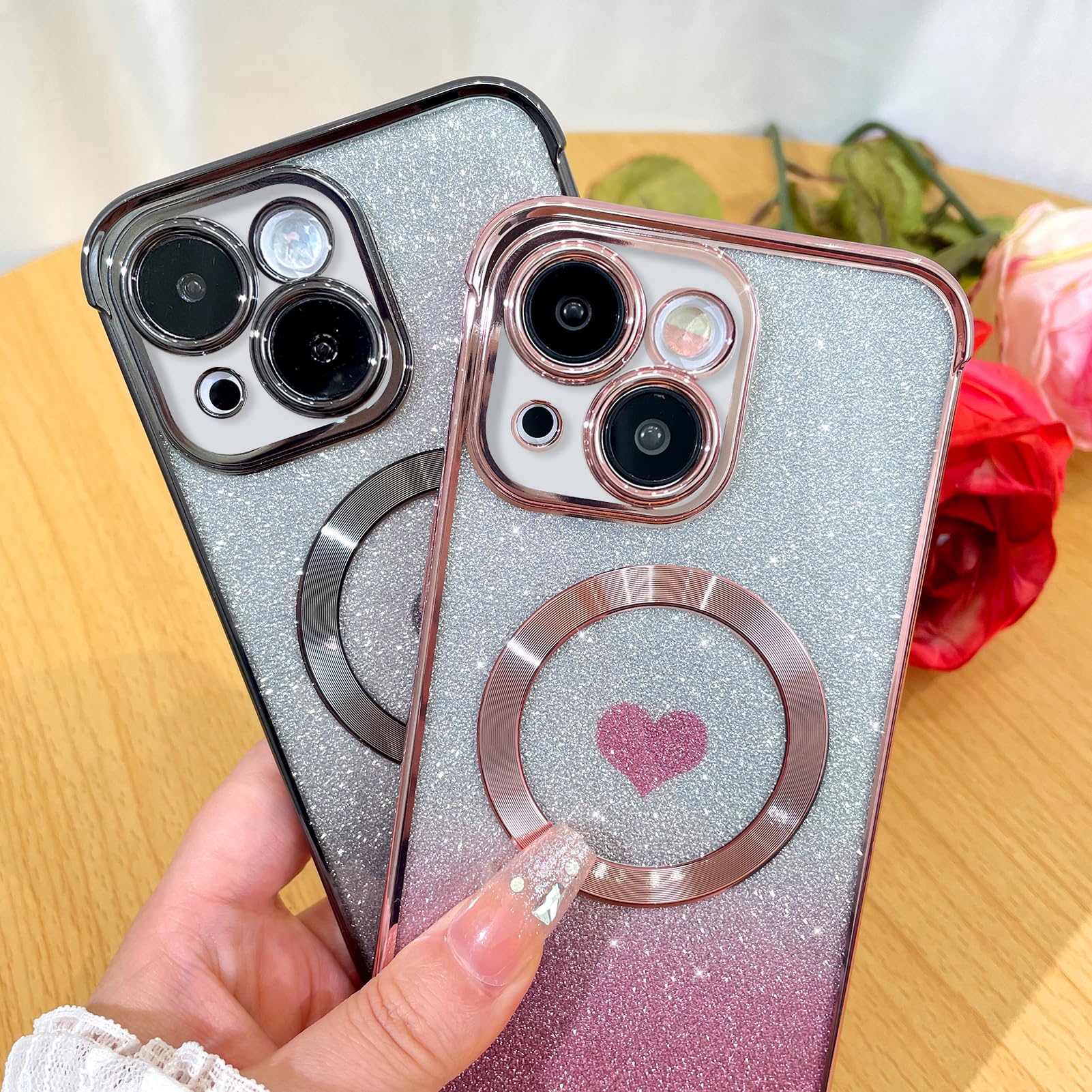 Bonoma Magnetic Glitter iPhone 15 Case [MagSafe Compatible] - Luxury Heart Pattern Bling Clear Cover with Camera Protection | Sparkly Slim Soft Back Case for Women & Girls (Pink) | Perfect for Everyday Use, Parties & Gift Giving