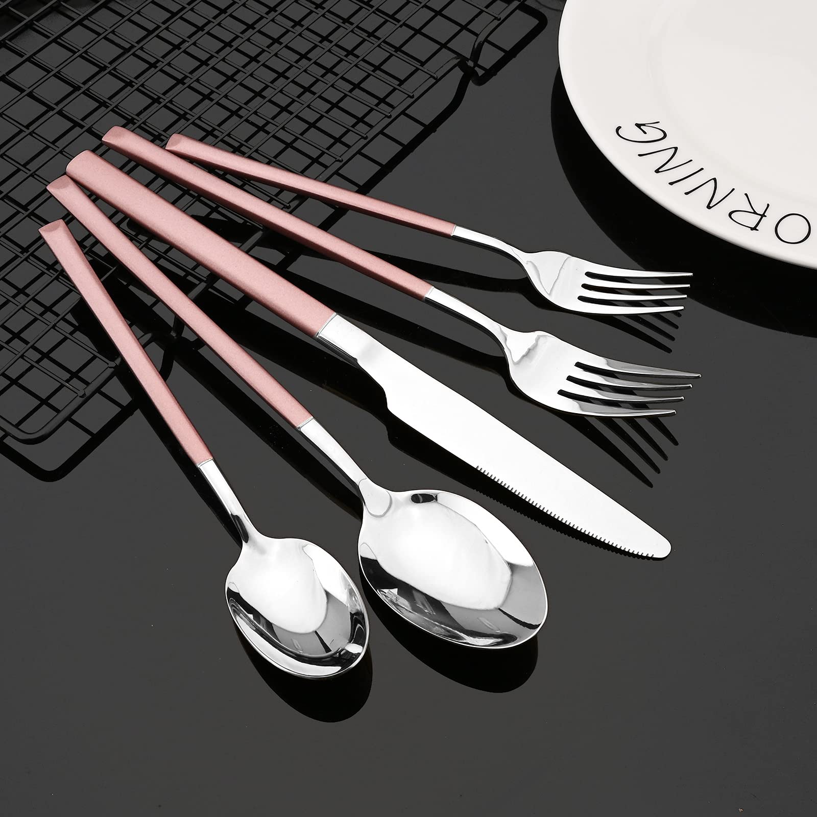 JASHII 20-Piece Stainless Steel Flatware Set - 18/10 Silverware Service for 4 with Dinner Forks, Spoons & Knives - Square Edge Mirror Polished Cutlery Set (Dishwasher Safe, Pink Silver) - Perfect for Dining, Wedding Gifts & Home Kitchen Essentials