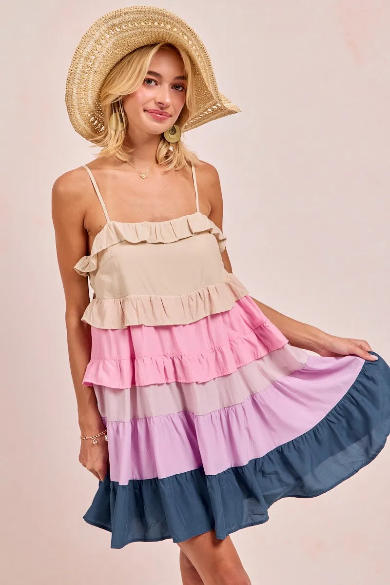 Stylish Color Block Tiered Dress for Women - Trendy Flowy Midi Dress for Casual Outings & Summer Parties