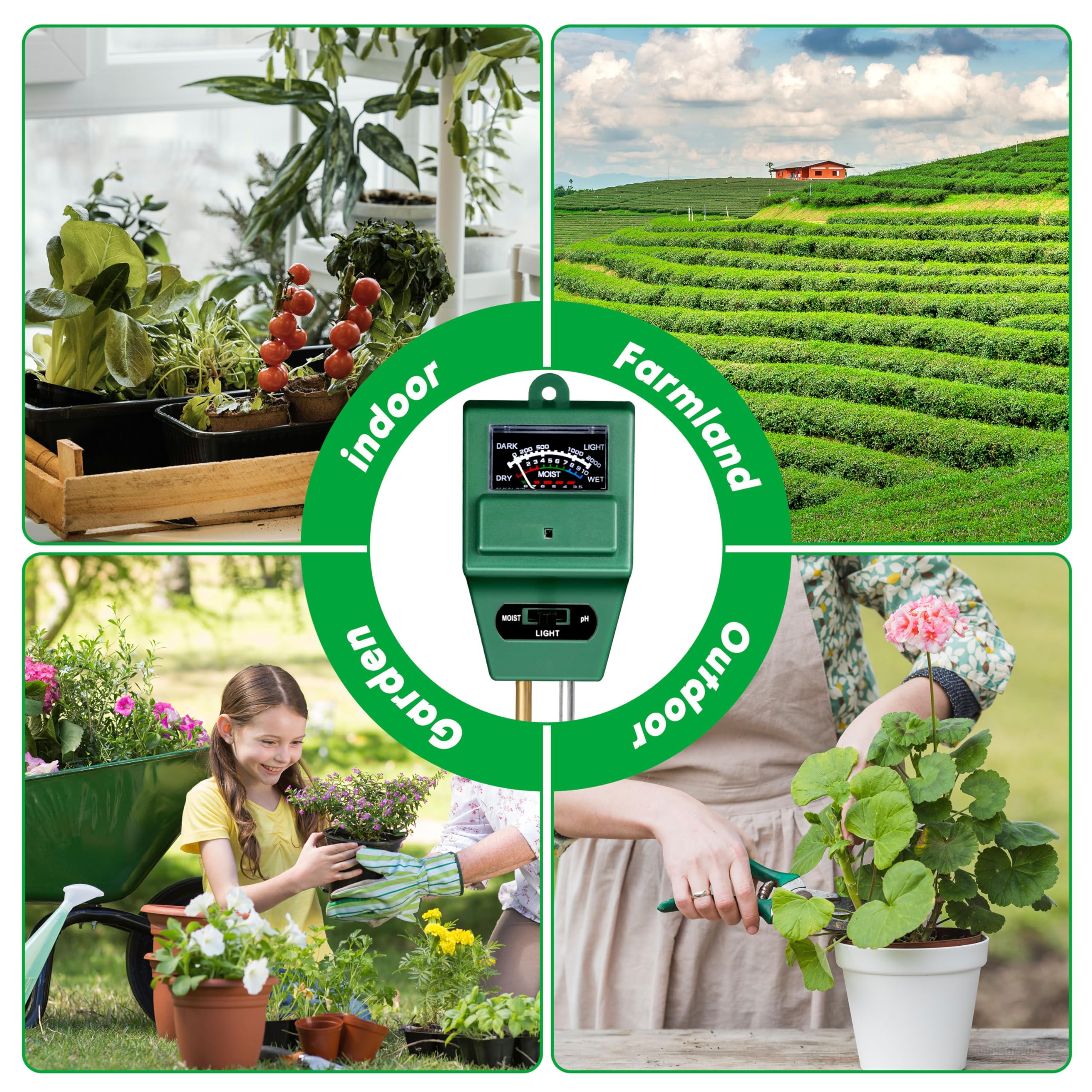 iPower 4-Pack 3-in-1 Soil Moisture/Light/pH Meter Tester Kit - Digital Plant Care Tool for Indoor Outdoor Gardening, Lawn, Farm, Houseplants - Green Square Design (Perfect for Home Gardeners & Professional Growers)