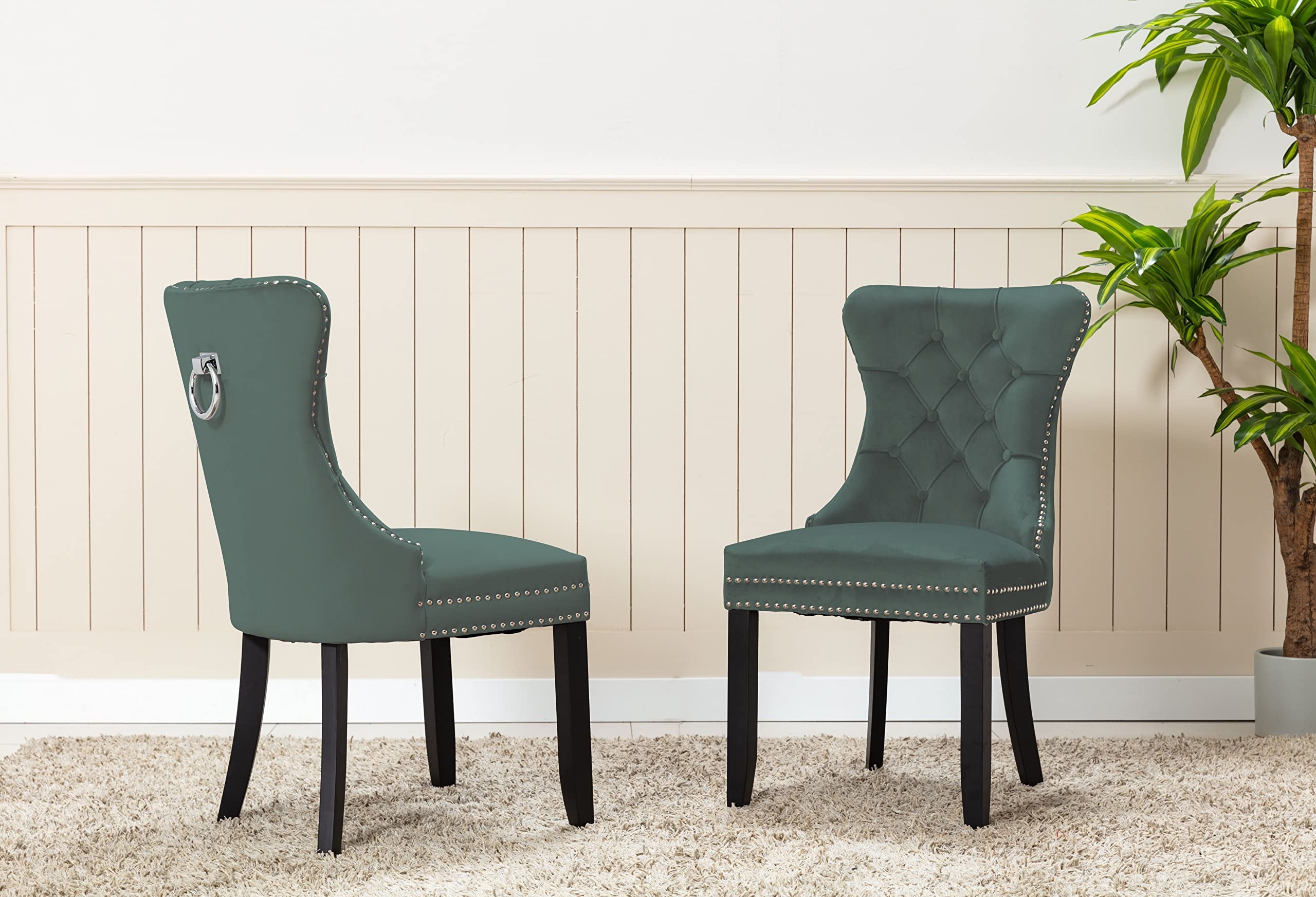 BTEXPERT Green Velvet Tufted Dining Chairs Set of 2 - High Back Upholstered Chairs with Solid Wood Frame & Nailhead Trim - Elegant Living Room, Bedroom or Coffee Shop Seating - Perfect for Dining, Lounging & Home Decor (5190-2)