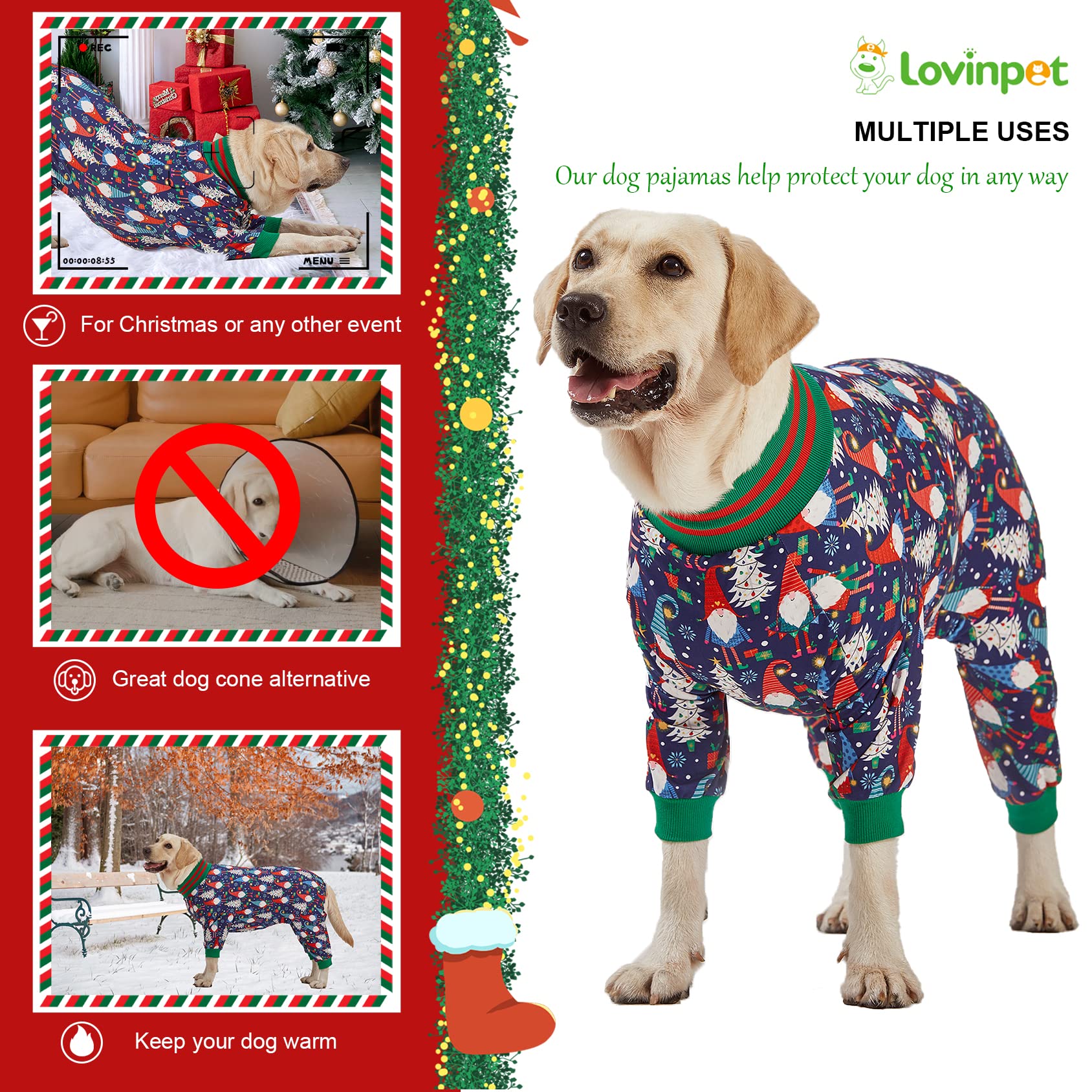 LovinPet Large Dog Christmas Pajamas - Festive Holiday Dog Outfit with Navy Gnome Print, Lightweight Pullover Onesie for Pitbulls & Medium Dogs | Perfect for Christmas Photos & Family Gatherings