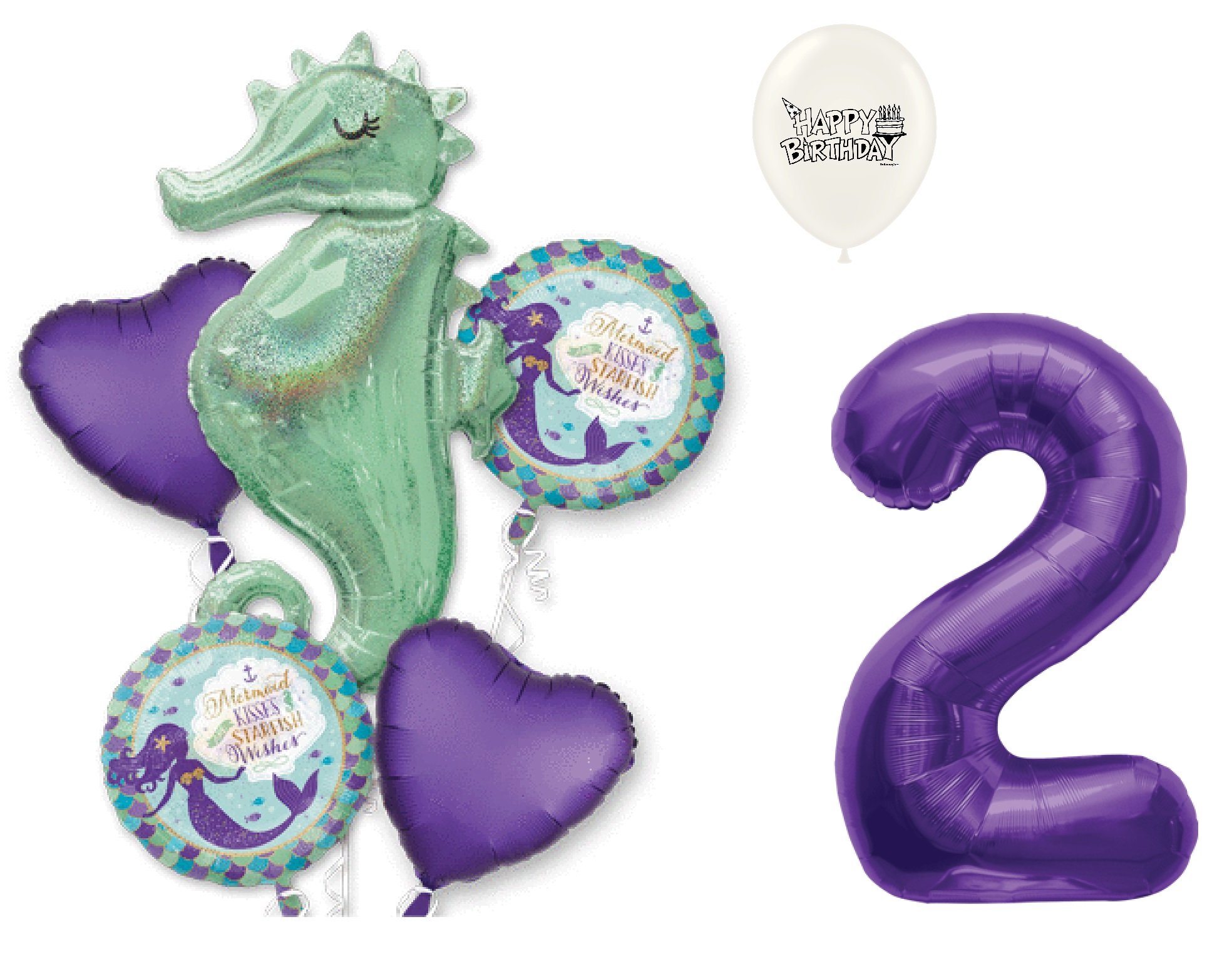 Mermaid & Seahorse Birthday Balloon Bouquet Bundle - 1st to 9th Birthday Decorations (Perfect for 2nd Birthday Parties, Baby Showers & Underwater Theme Celebrations)