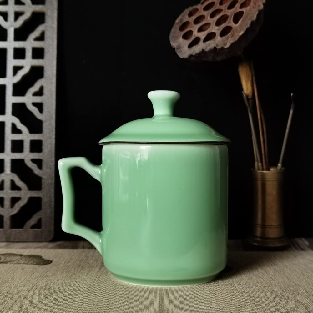Premium 16-Oz Celadon Green Porcelain Teacups with Lids - Microwave & Dishwasher Safe Coffee Mugs - Elegant Tea Drinking & Coffee Brewing for Home, Office or Gifts (Green-001)