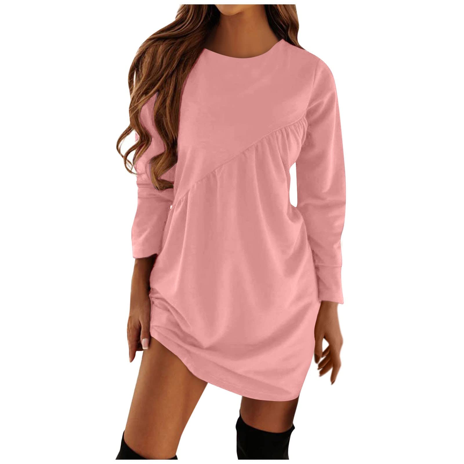 Mebamook Women's Long Sleeve Solid Color Round Neck T-Shirt Dress - Winter 2022 Fashion, Asymmetrical Hem Fall Dress for Casual Wear, Office & Date Nights