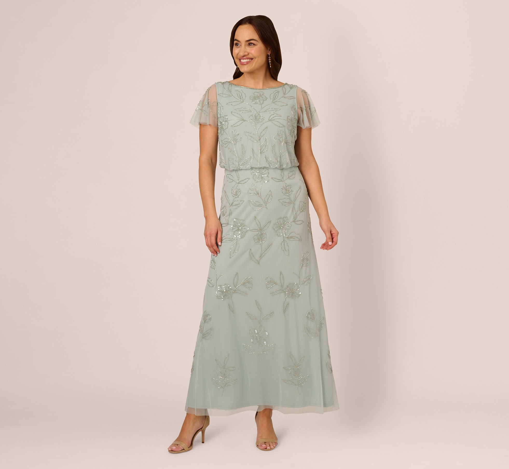 Elegant Plus Size Flutter Sleeve Floral Beaded Blouson Gown in Aqua Dust - Perfect for Weddings, Parties & Special Occasions