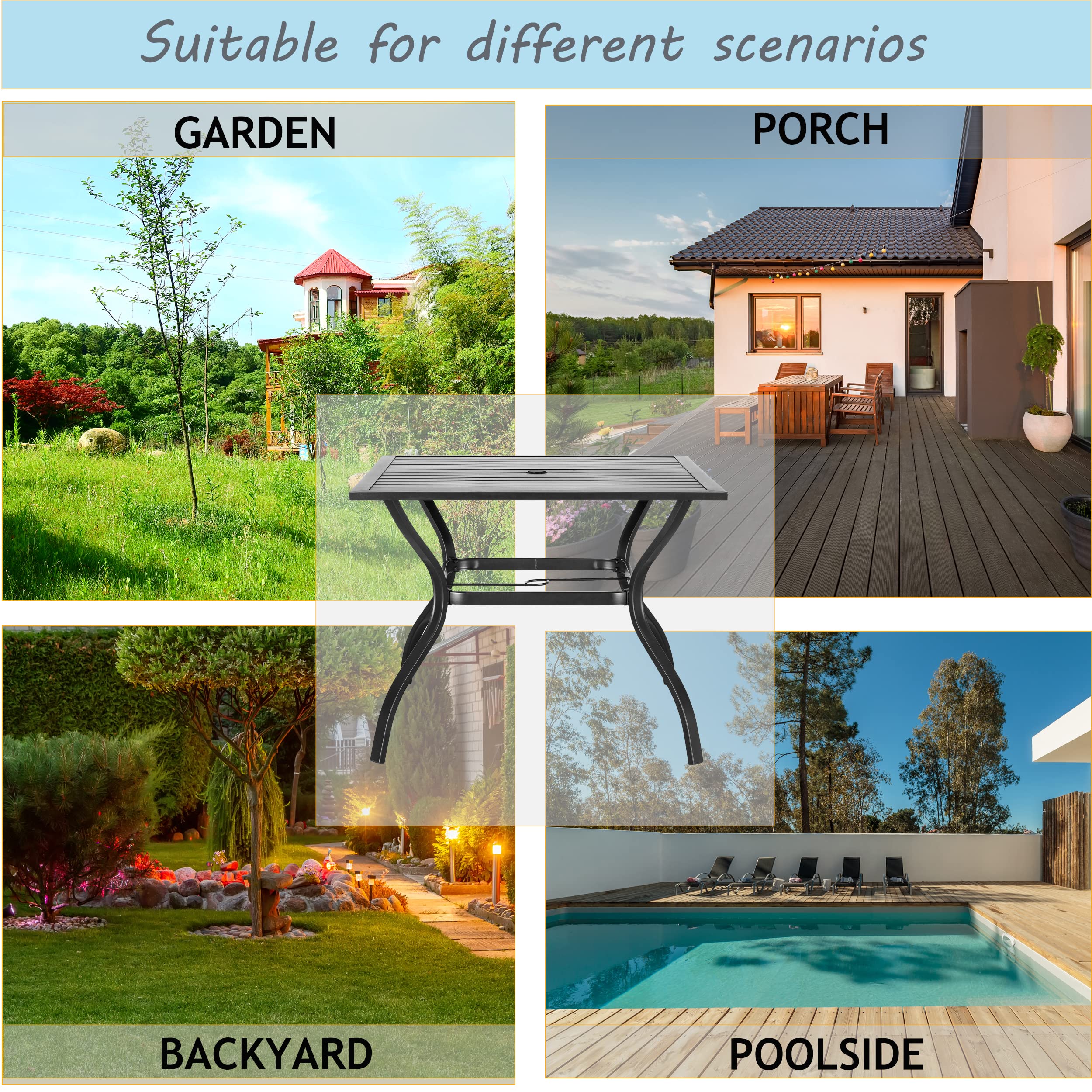 LOKATSE HOME 37 Inch Square Outdoor Patio Dining Table with Umbrella Hole - Durable Metal Steel Frame in Black - Perfect for Backyard, Garden, Poolside & BBQ Parties