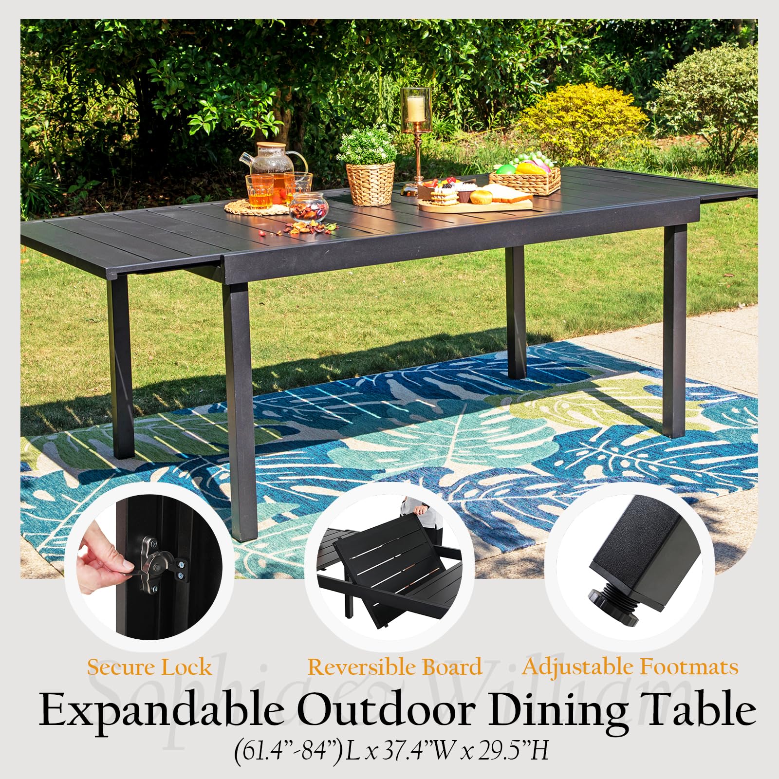 Sophia & William 7-Piece Expandable Rectangular Metal Outdoor Dining Set with Rattan Chairs & Cushions - All-Weather Patio Furniture for 6-8 People - Perfect for Backyard BBQs, Garden Parties & Outdoor Entertaining