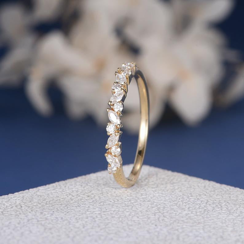 Vintage Cluster Moissanite Ring for Women - 14K Yellow Gold Marquise Stackable Wedding Band, Art Deco Inspired Jewelry for Bridal, Anniversary, and Special Occasions