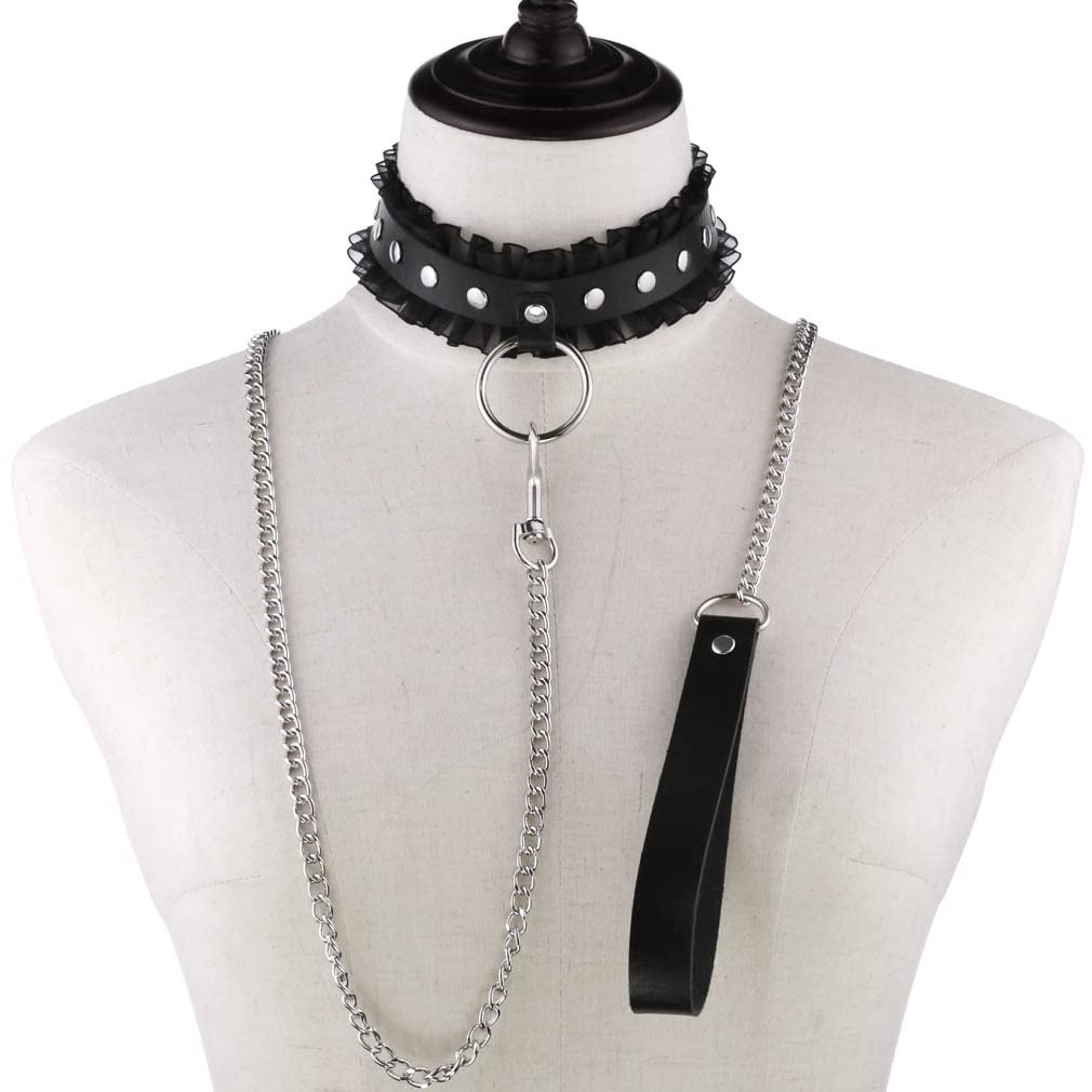 FM FM42 Multicolor PU Leather Choker Necklace with Silver-Tone Rivets, O-Ring & Detachable Chain Leash - Gothic Punk Fashion Accessory for Women, Perfect for Concerts, Parties and Costume Events
