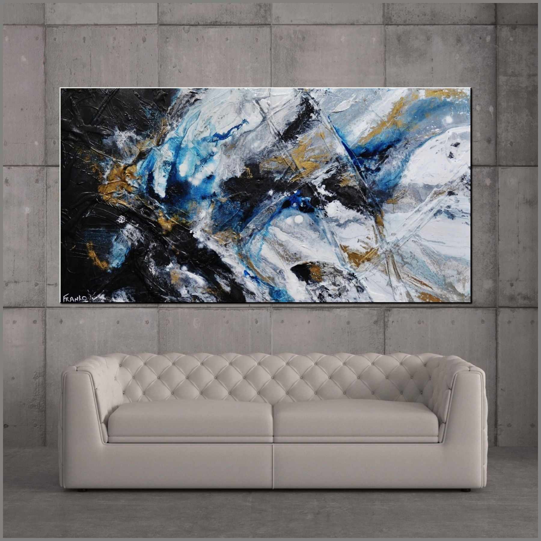 Midnight Atmosphere 190cm x 100cm Black White Blue Textured Abstract Canvas Wall Art - Perfect for Modern Living Room, Bedroom or Office Decor