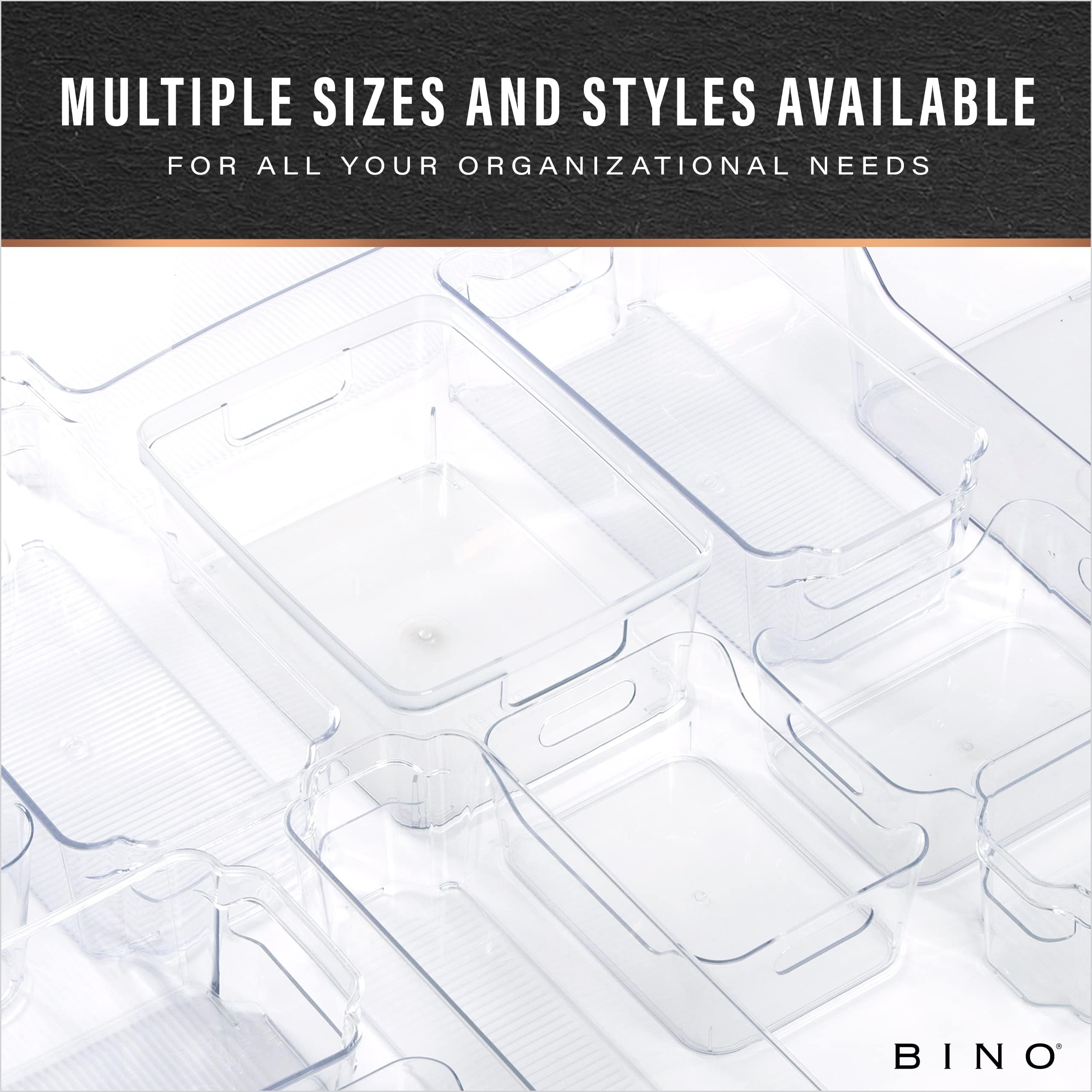 BINO Plastic Organizer Bins - 4 Pack Large Storage Containers for Pantry, Freezer, Kitchen & Home Organization | Multi-Use Stackable Bins | The SOHO Collection | Perfect for Food Storage, Closet Organizing & Office Supplies