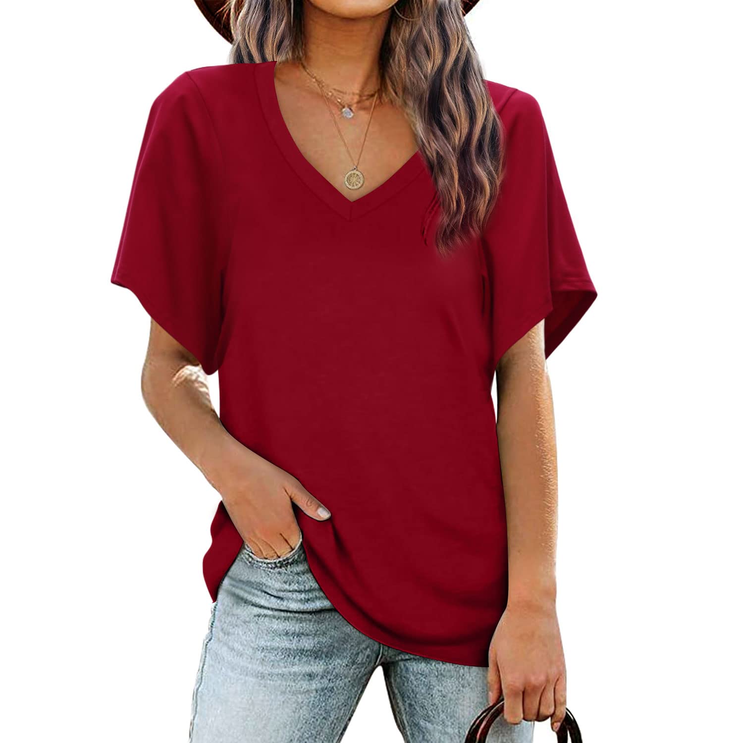 BESFLY Women's Summer V-Neck Long Sleeve Tunic Blouse - Casual Puff Sleeve Dressy T-Shirt Top for Work, Date Night & Outdoor Activities