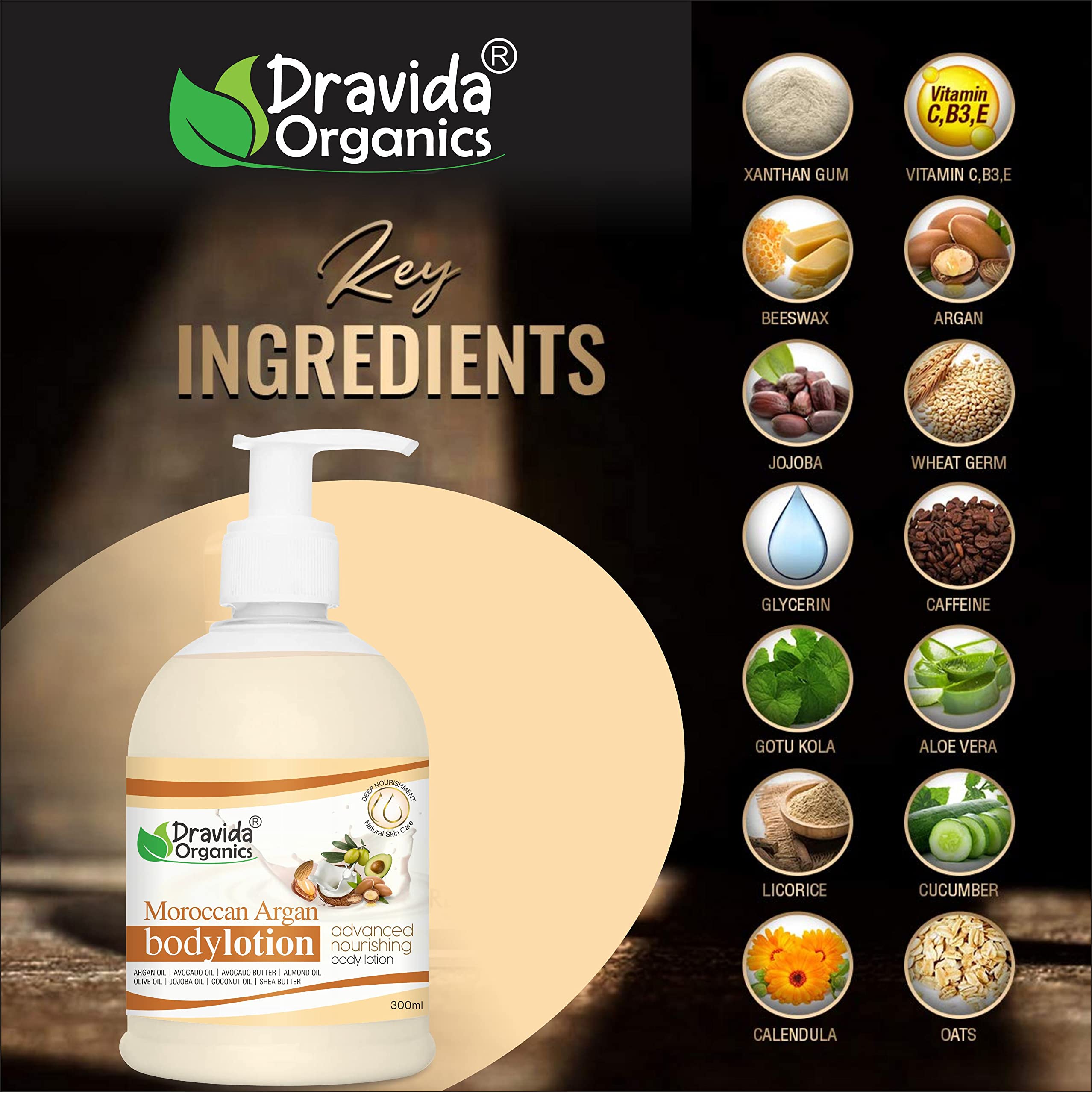 Dravida Organics Moisturizing Body Lotion with Argan Oil & Avocado Oil - 300ml for Dry, Sensitive & All Skin Types | Hydrating & Nourishing Skin Care for Daily Use & After Shower