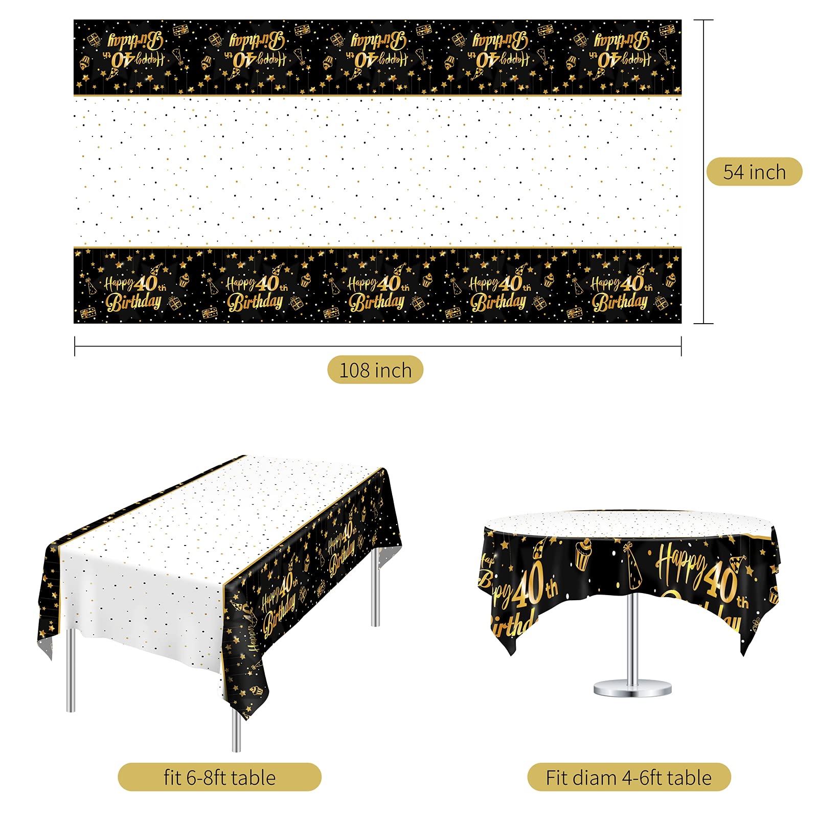 Ruisita 2 Pack Black Gold 40th Birthday Tablecloth Set - Premium Rectangular Table Cover for Indoor & Outdoor Parties, Anniversaries, Celebrations - Perfect for Dining Tables, Buffets, and Decorative Displays