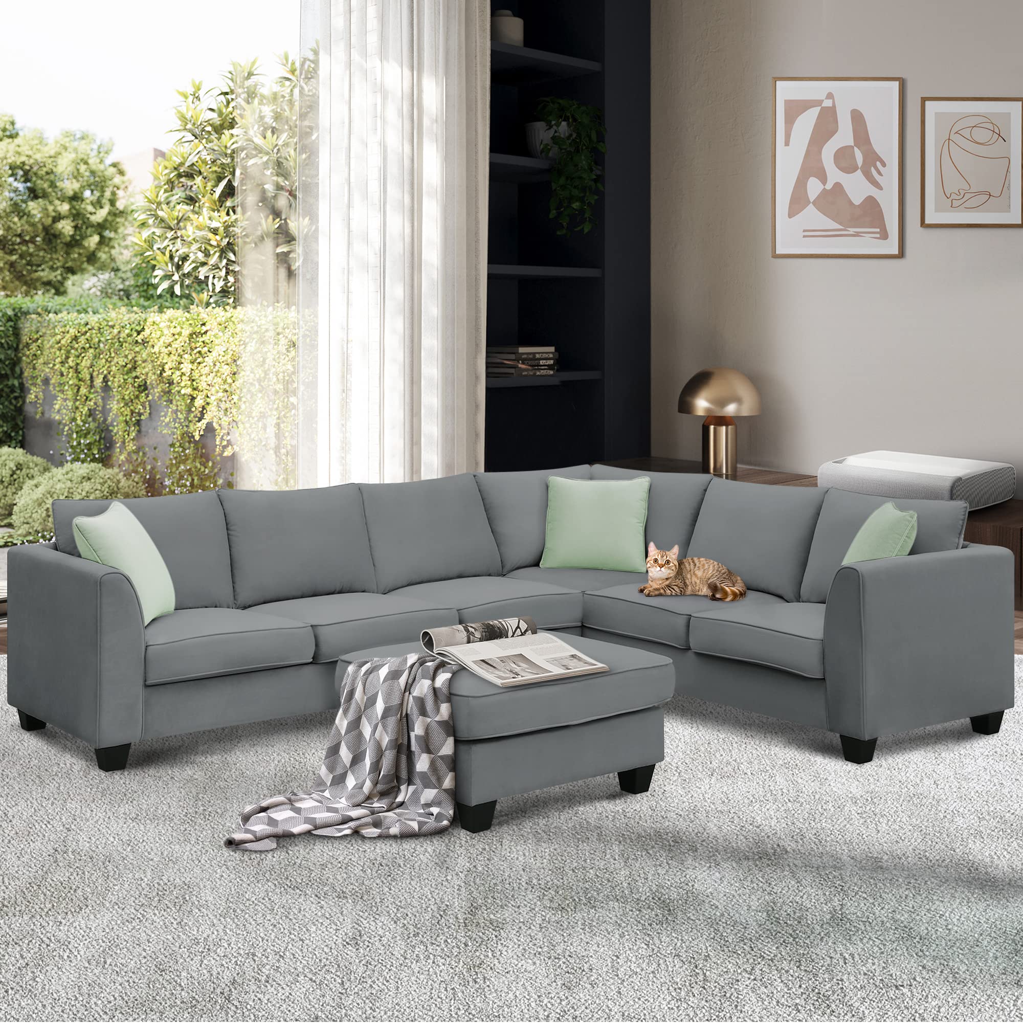 Modern 7-Seat Modular Sectional Sofa with Ottoman - L-Shaped Polyester Corner Couch Set with 3 Pillows | Gray Living Room Sofa for Apartment, Office & Family Gatherings
