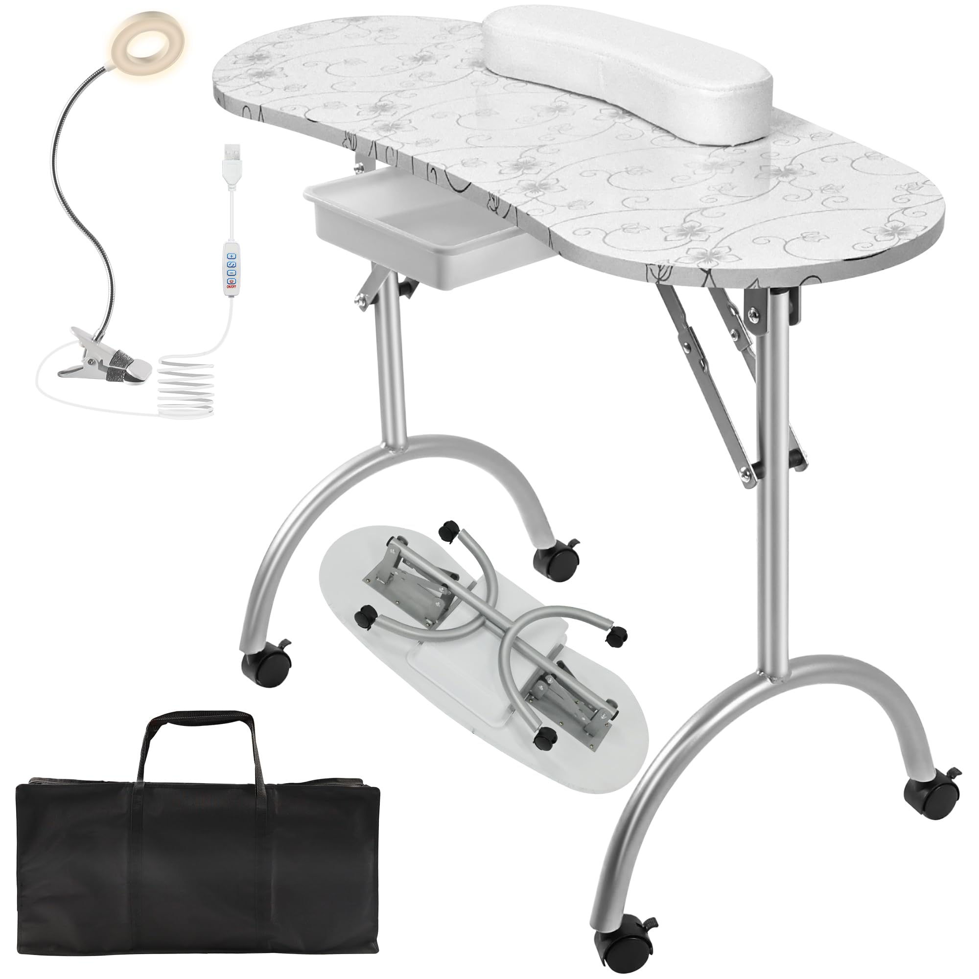 Portable Foldable Manicure Table with Wheels & Drawer - USB LED Nail Desk, Wrist Pad & Carry Bag for Home Spa & Salon (White, 30
