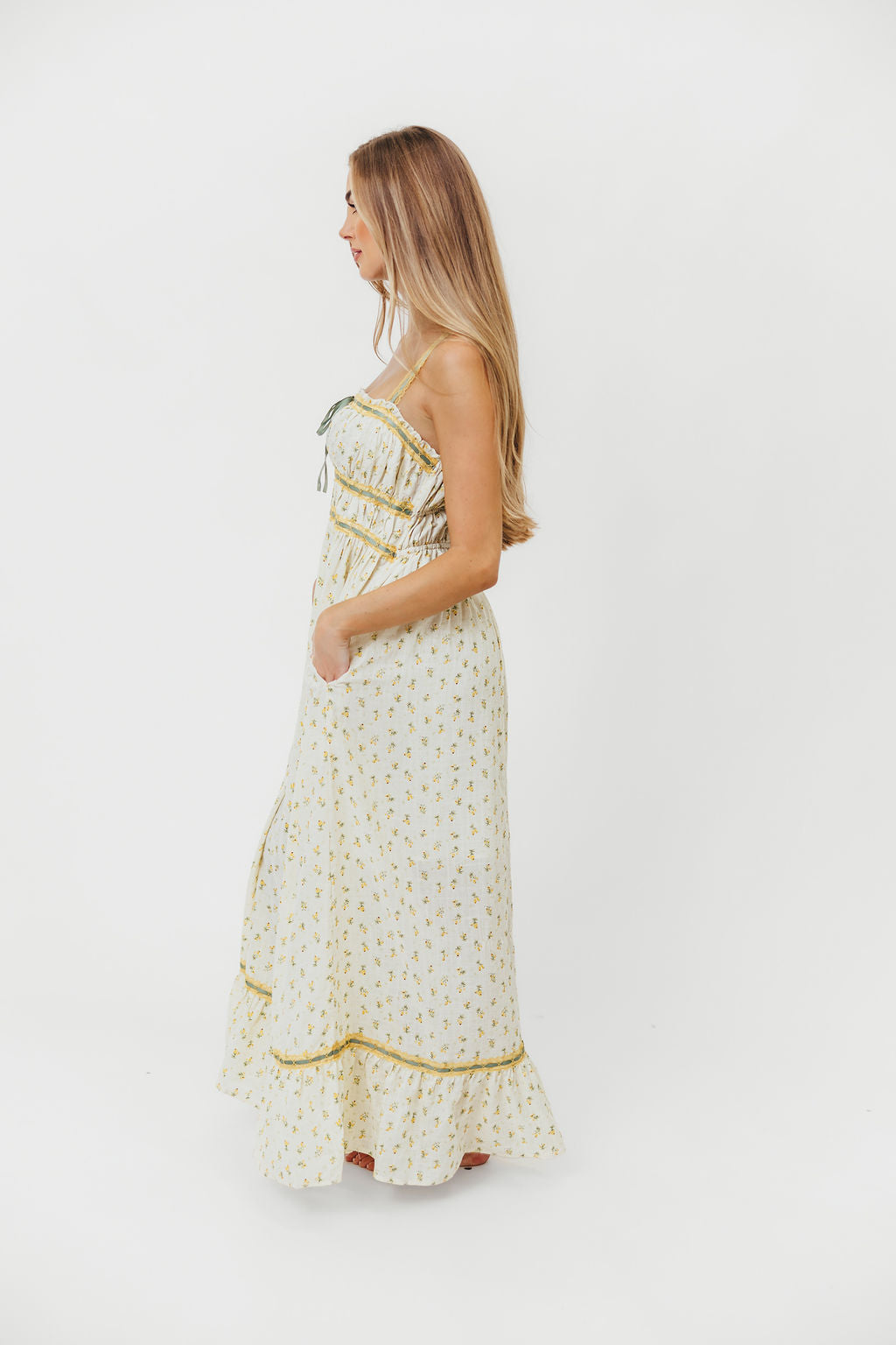 Elegant Floral Lace Contrast Maxi Dress in Daffodil Yellow - Perfect for Summer Weddings, Garden Parties & Special Occasions
