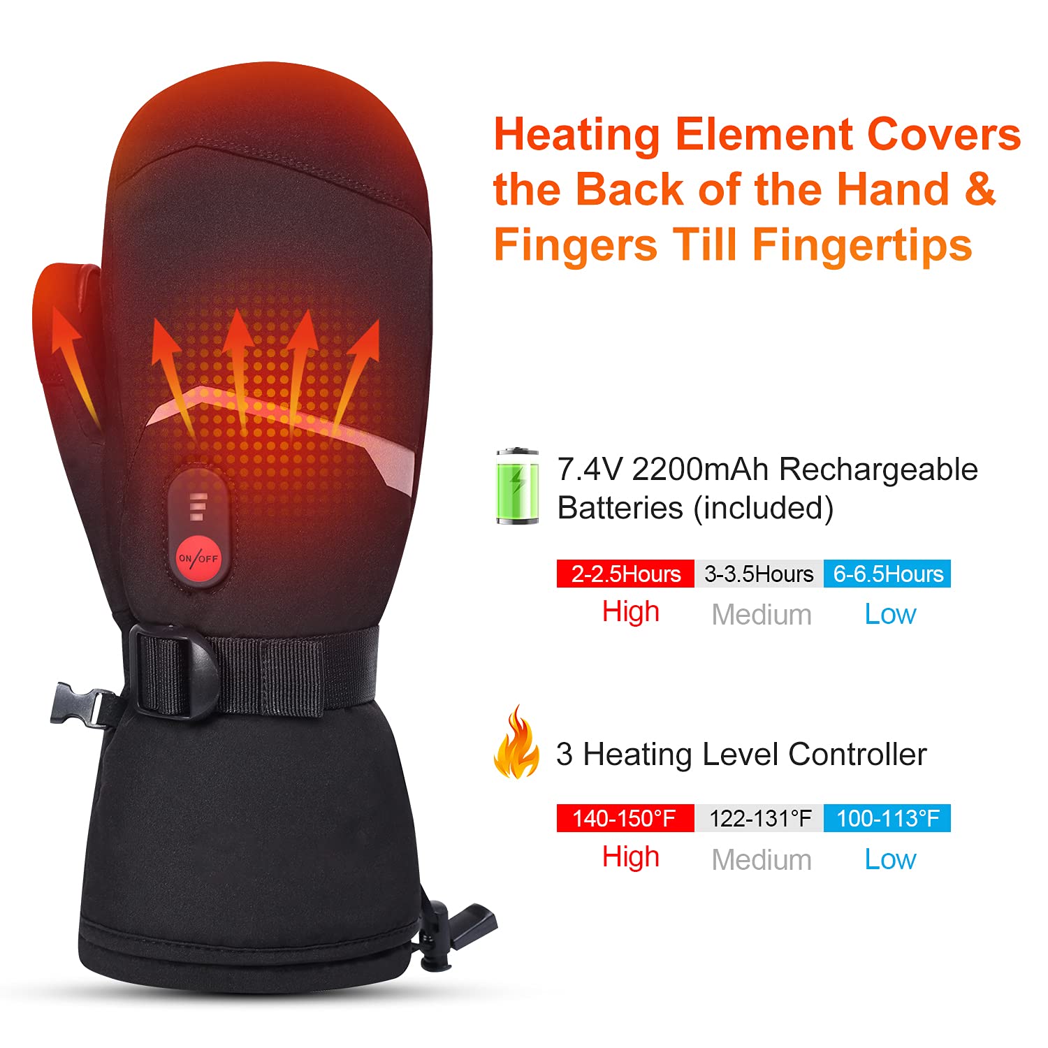 Rechargeable Heated Gloves for Men & Women - 7.4V 2200mAh Battery, Waterproof & Touchscreen Compatible - Winter Ski Gloves for Snowboarding, Camping, Hiking & Cold Weather Activities