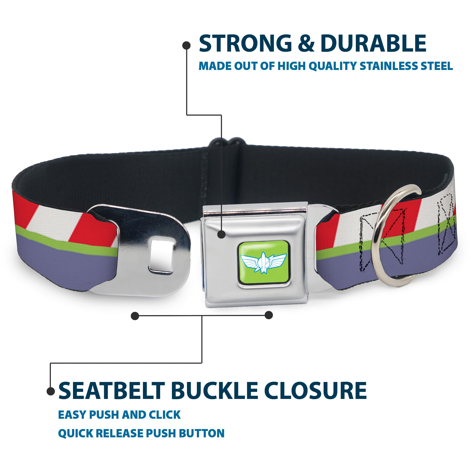 Buckle-Down Dog Collar with Seatbelt Buckle - Toy Story Buzz Lightyear Themed Striped Design in Red, Green & Purple - Adjustable 11-17 Inches, 1.0 Inch Wide - Perfect for Cosplay, Pet Costumes & Disney-Themed Events (DC-SB-DYXU-WDY494-1.0-M)