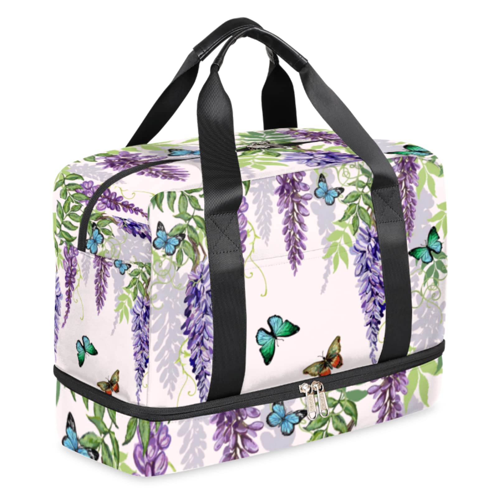 Spring Lavender Butterfly Sports Duffel Bag with Shoe Compartment - Large Gym Tote Weekender Bag for Women & Men - Perfect for Yoga, Workout, Travel & Summer Getaways