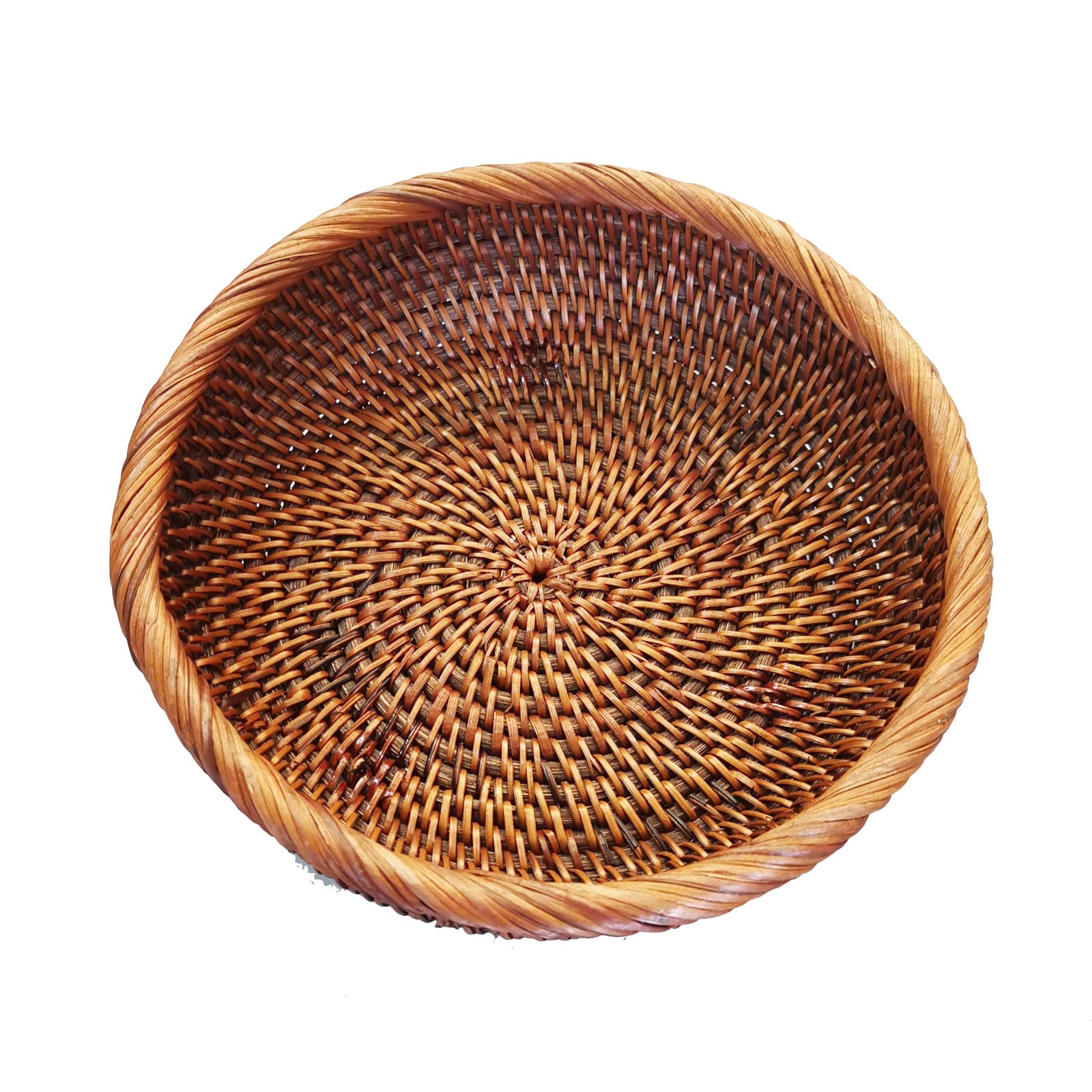 8 Inch Round Rattan Bowl Basket - Handmade Wicker Tray with Scalloped Edge & 3