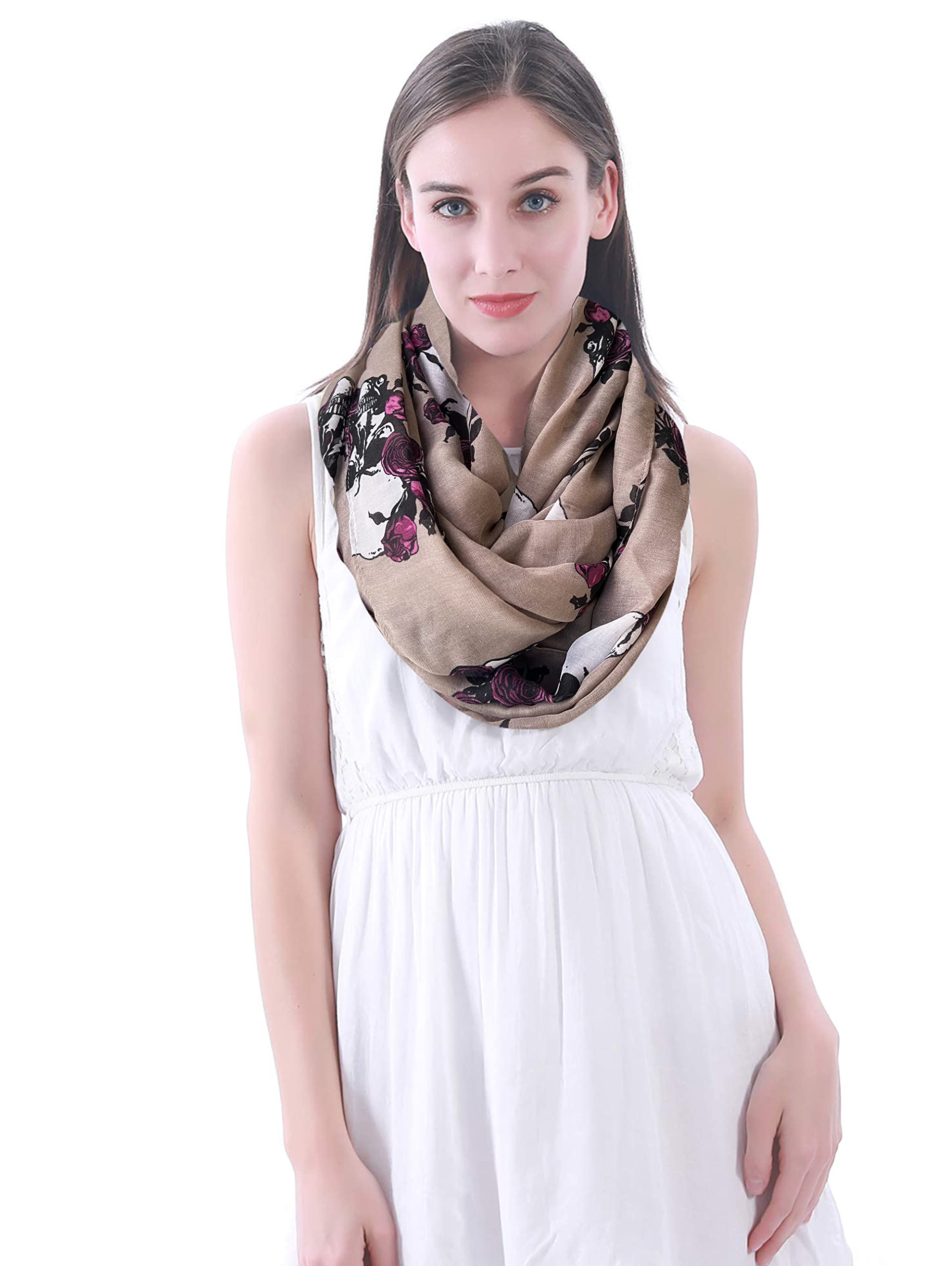 Lina & Lily Women's Lightweight Skull Rose Print Infinity Scarf - Fashion Accessory for Fall Winter Outfits, Casual Wear & Gift Ideas
