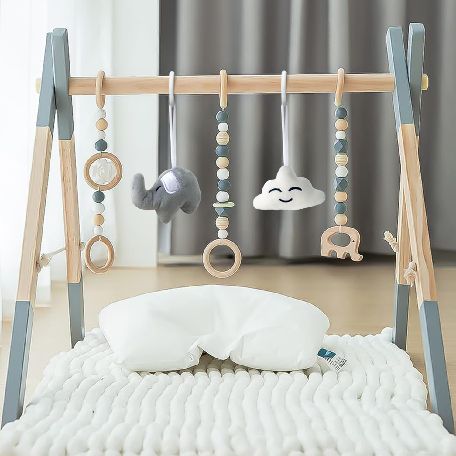 Foldable Wooden Baby Play Gym with 5 Hanging Toys - Natural Wood Activity Gym for Newborns & Infants (Grey) | Perfect for Tummy Time, Sensory Play & Early Development