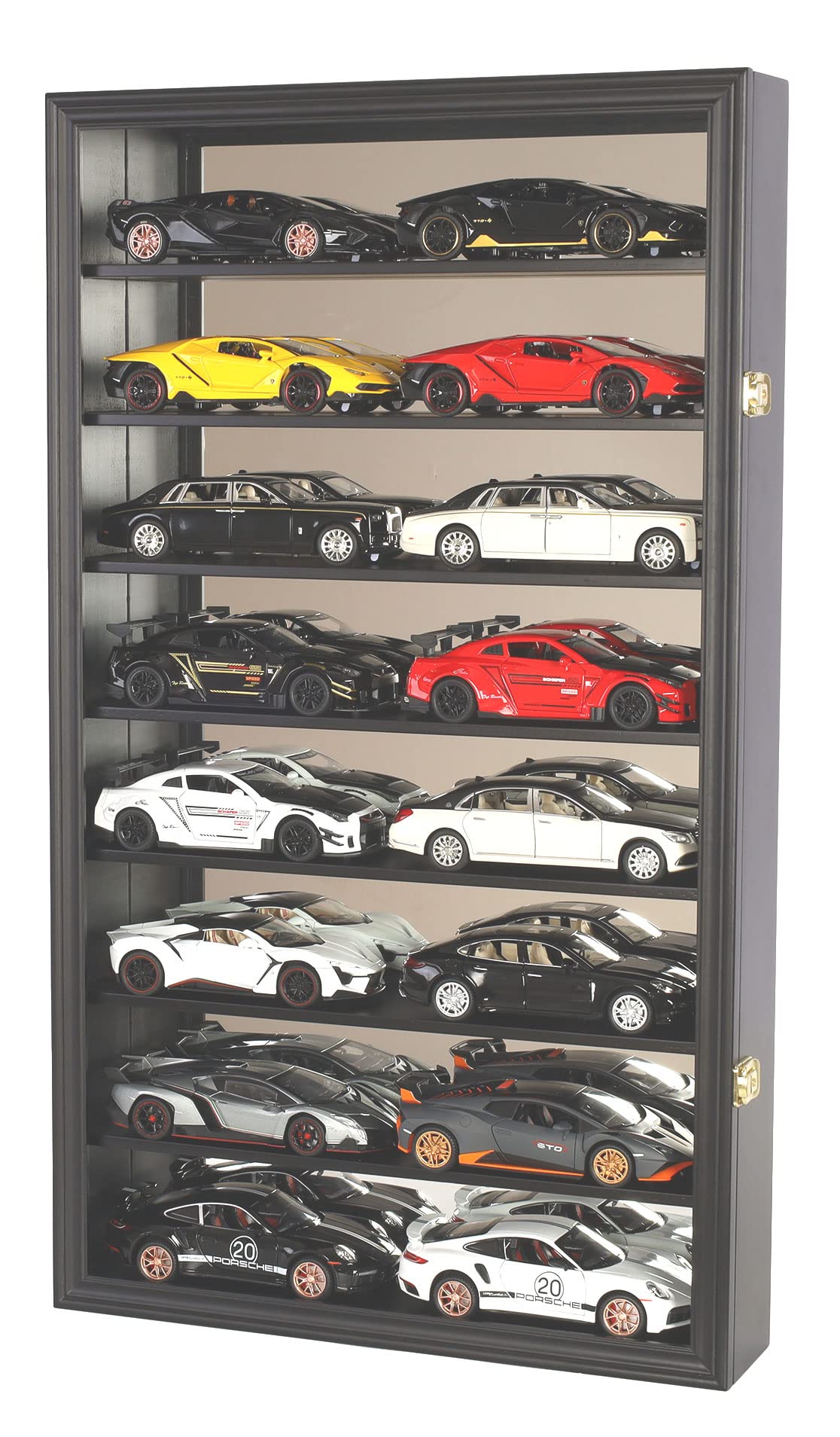 1:24 Scale Large Diecast Toy Cars with Display Case - 16 Car Holder Cabinet Compatible with Hot Wheels, Black Finish - Perfect for Collectors & Kids Playroom Decor